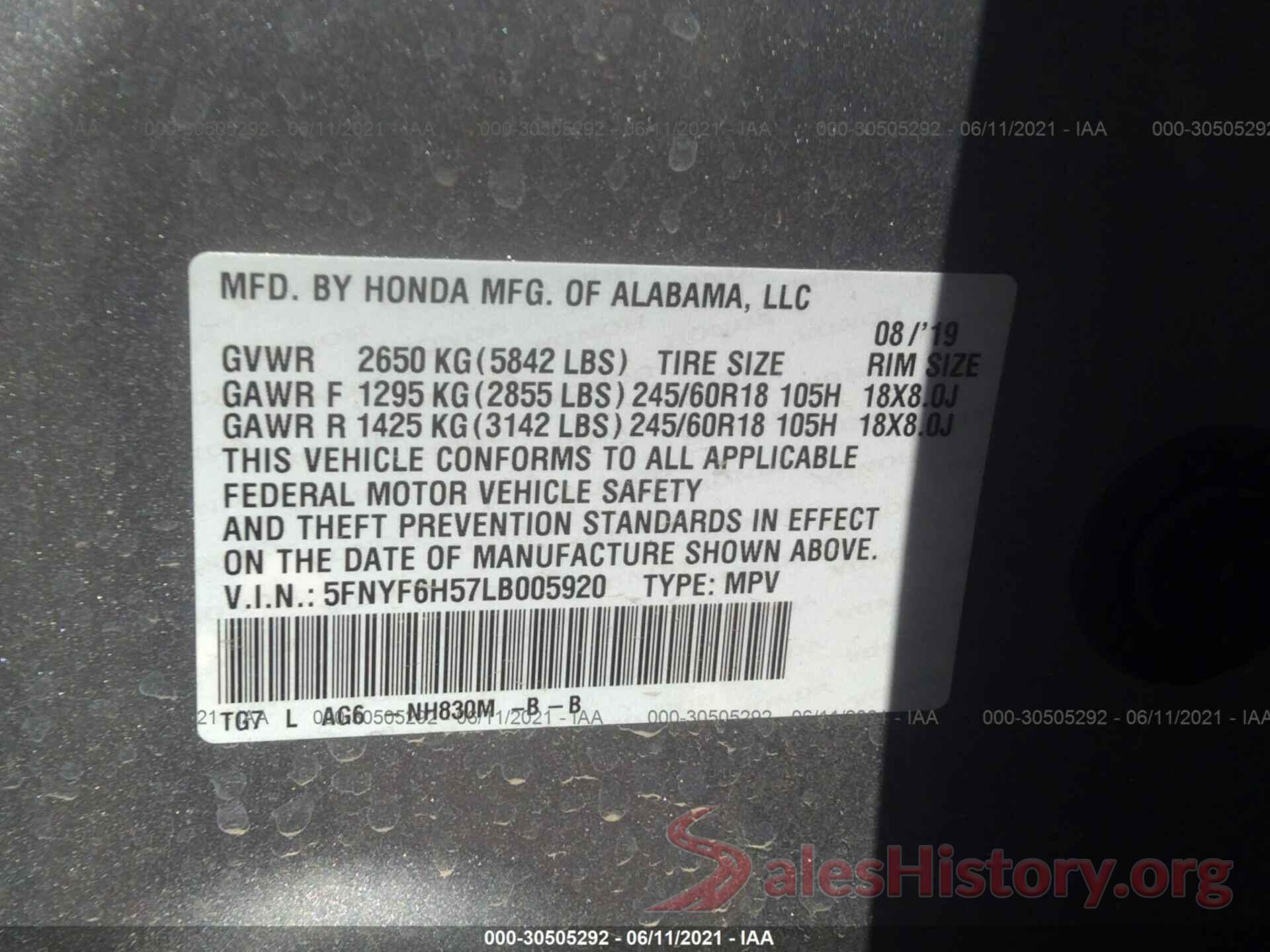 5FNYF6H57LB005920 2020 HONDA PILOT