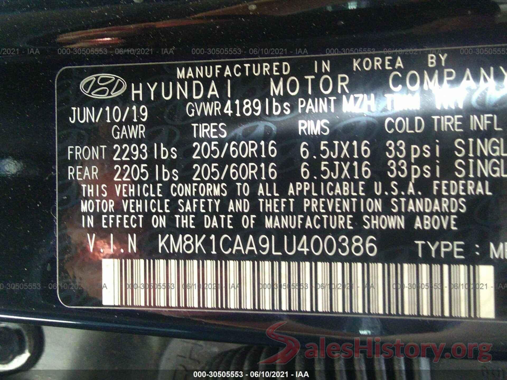 KM8K1CAA9LU400386 2020 HYUNDAI KONA