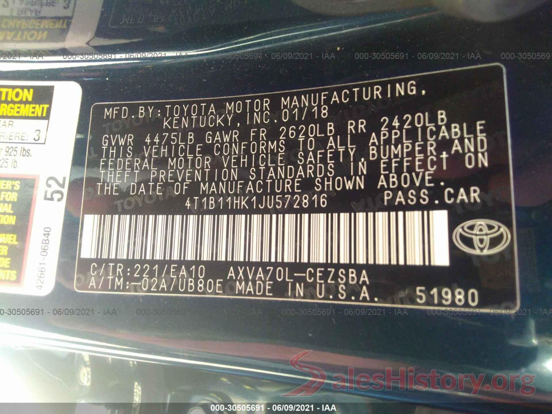 4T1B11HK1JU572816 2018 TOYOTA CAMRY