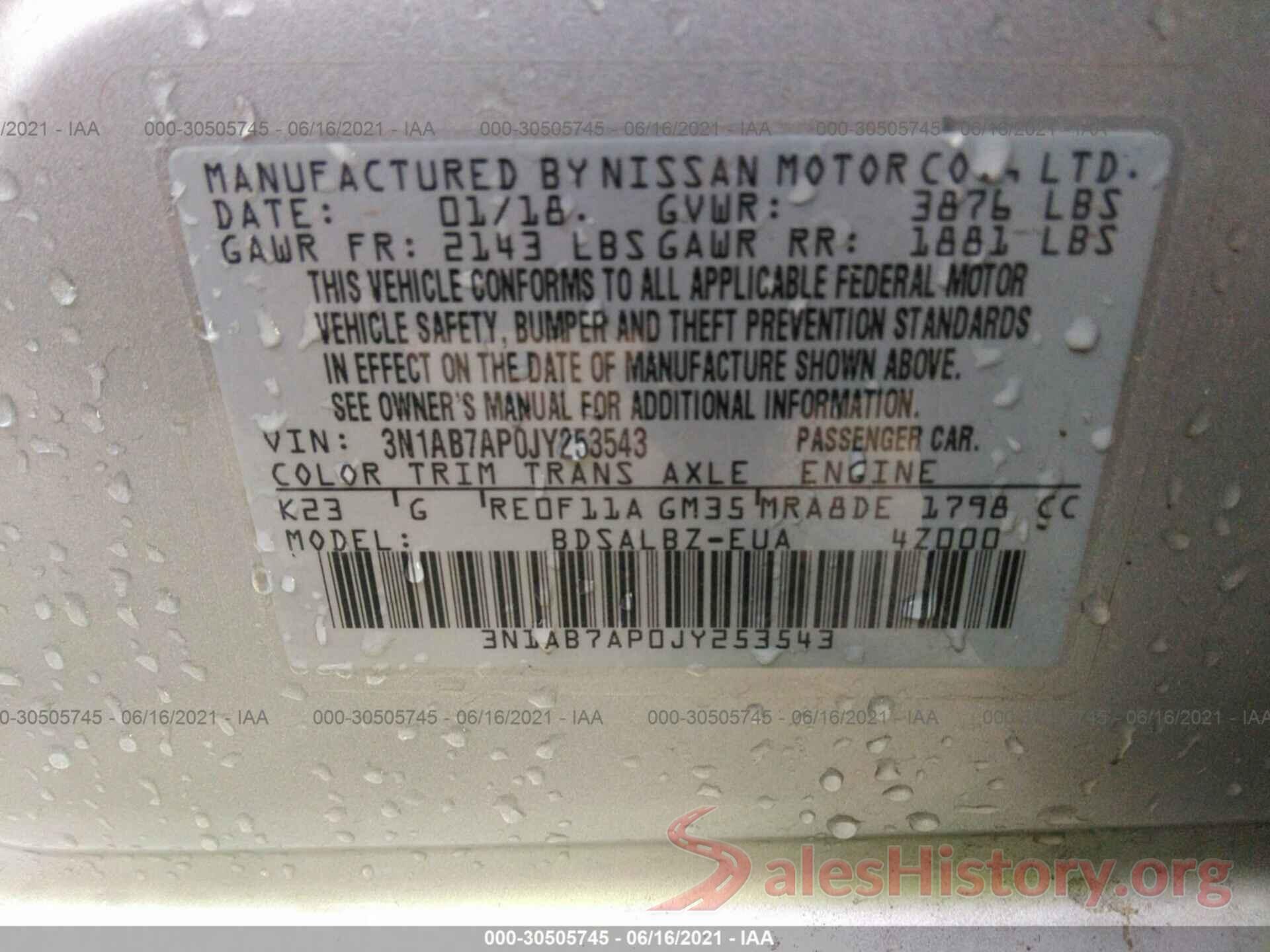 3N1AB7AP0JY253543 2018 NISSAN SENTRA