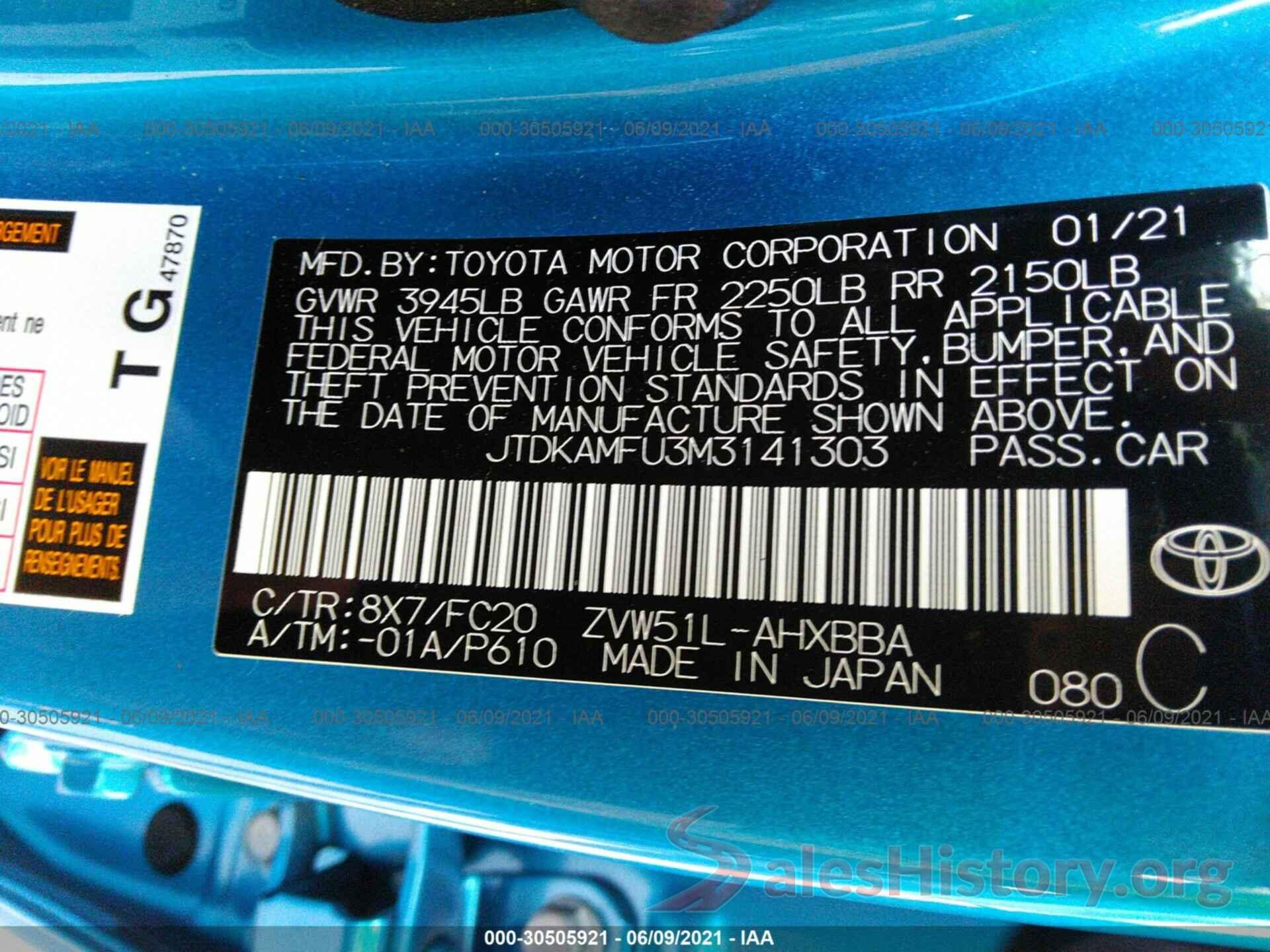 JTDKAMFU3M3141303 2021 TOYOTA PRIUS