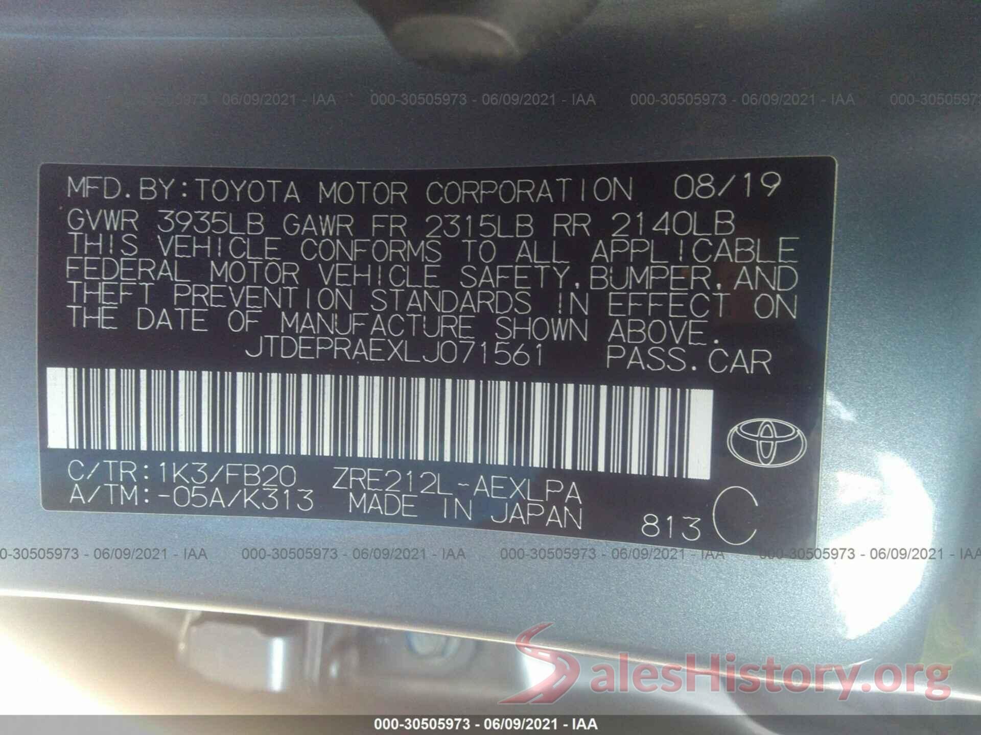 JTDEPRAEXLJ071561 2020 TOYOTA COROLLA