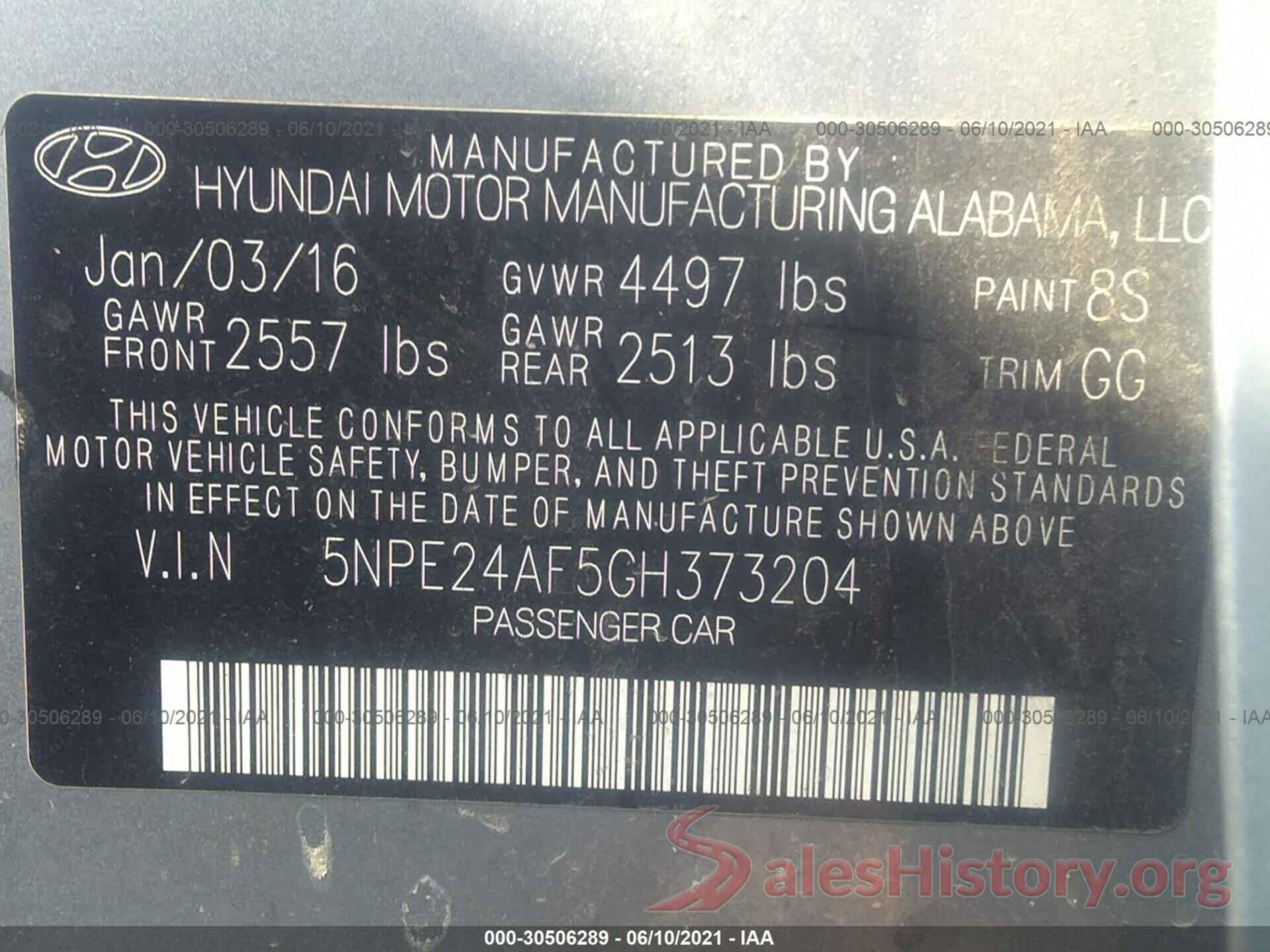 5NPE24AF5GH373204 2016 HYUNDAI SONATA