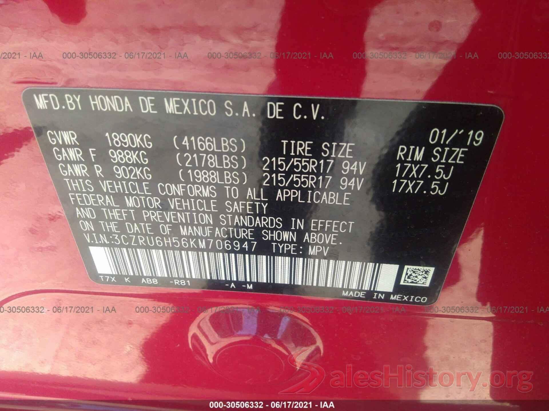 3CZRU6H56KM706947 2019 HONDA HR-V