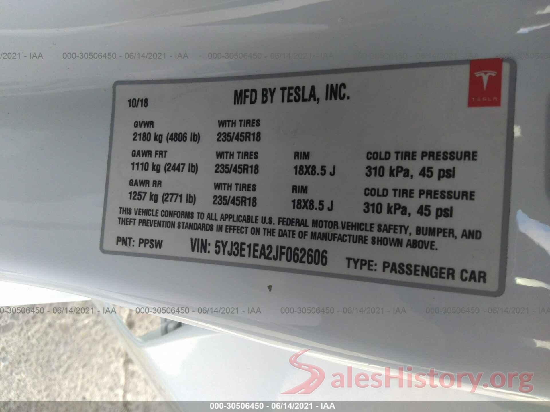 5YJ3E1EA2JF062606 2018 TESLA MODEL 3