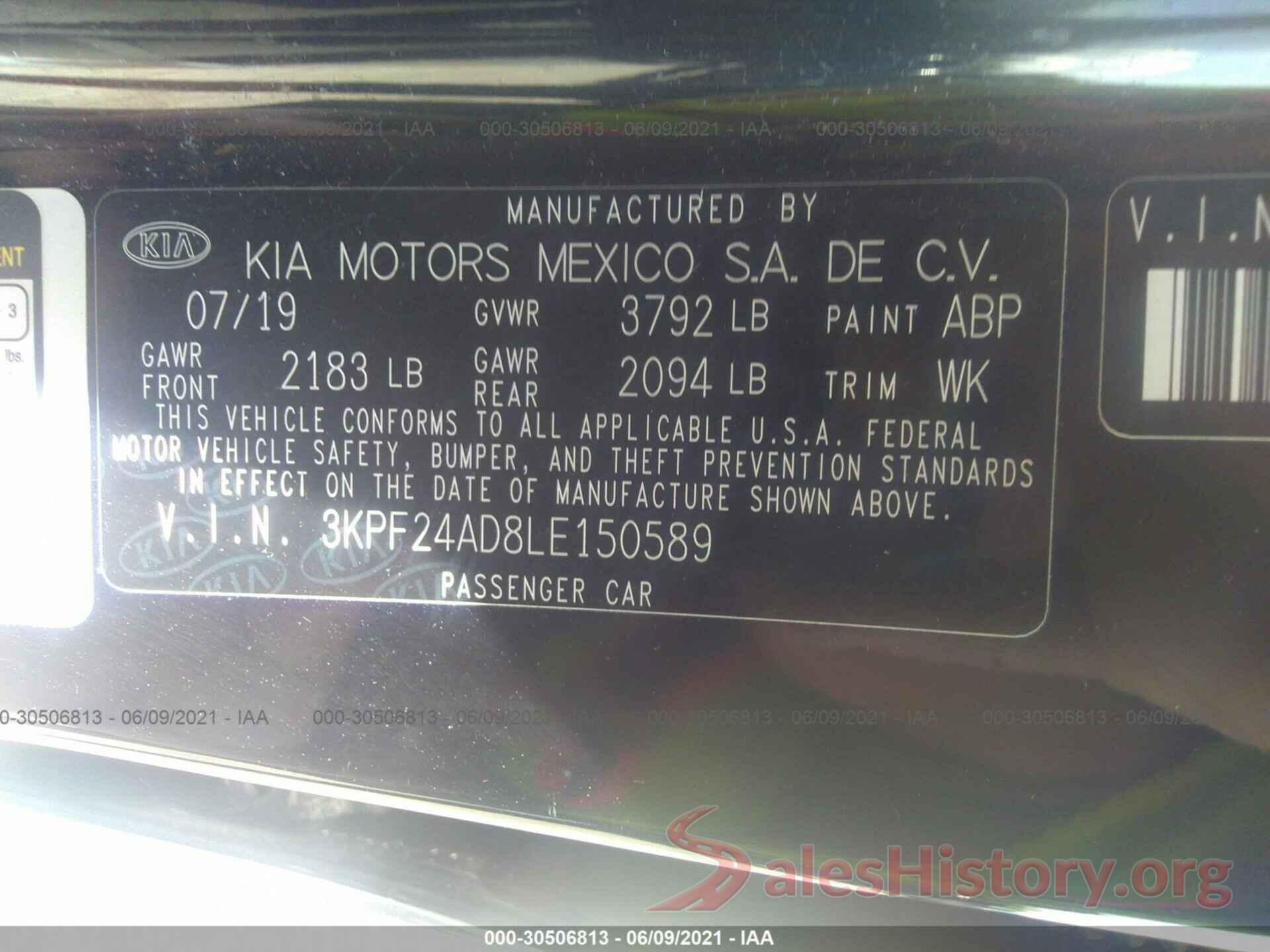 3KPF24AD8LE150589 2020 KIA FORTE