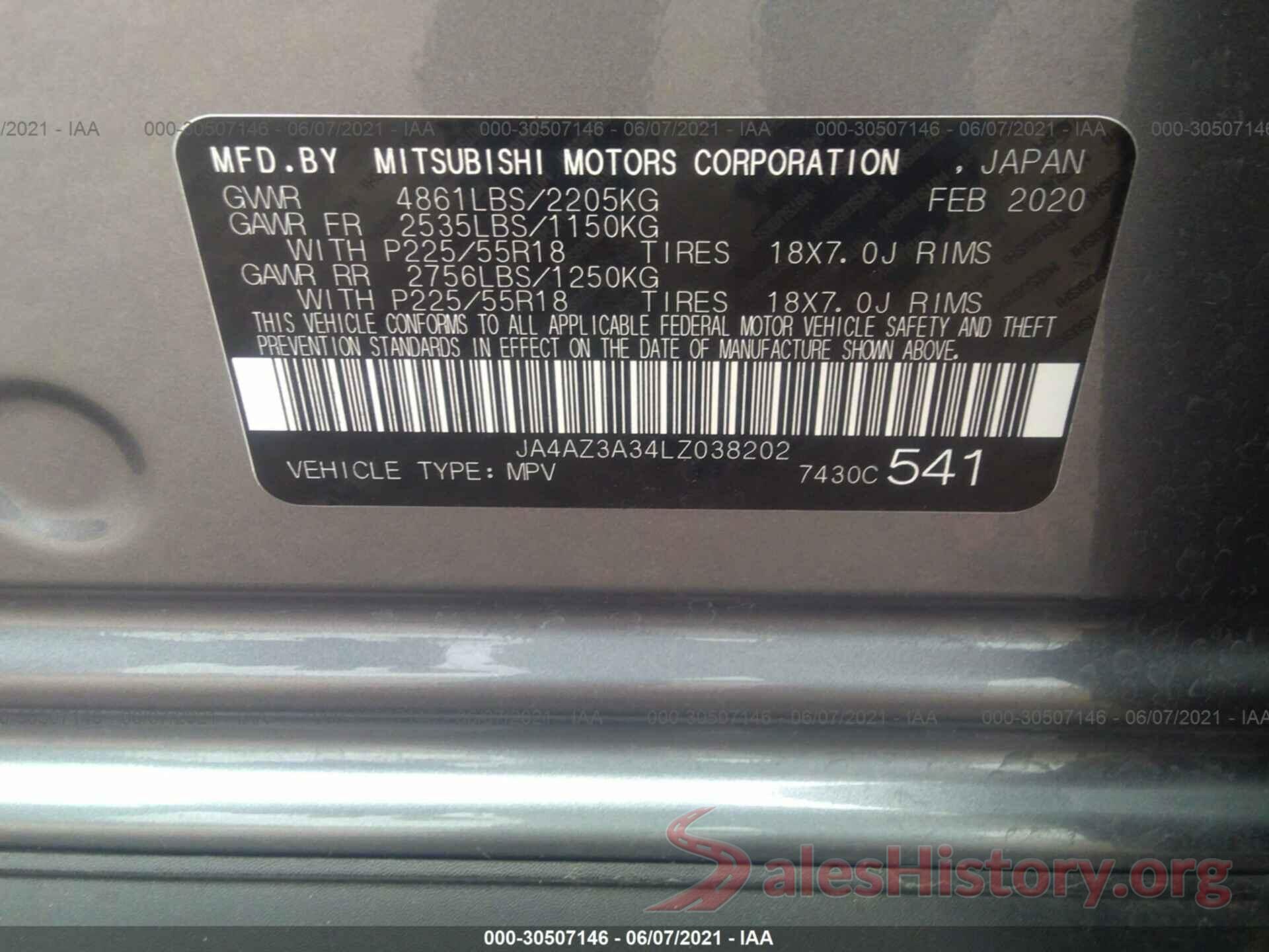 JA4AZ3A34LZ038202 2020 MITSUBISHI OUTLANDER