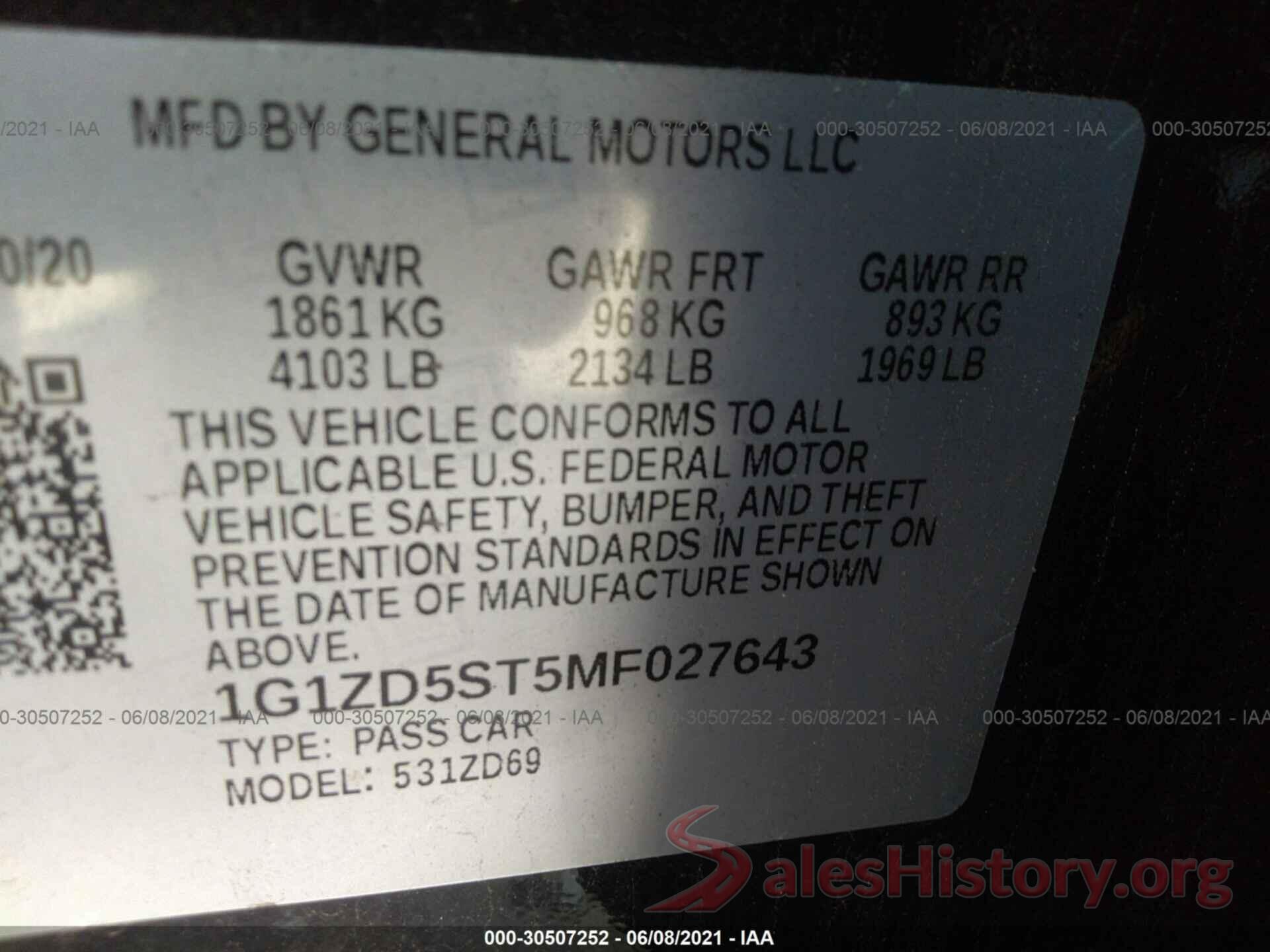 1G1ZD5ST5MF027643 2021 CHEVROLET MALIBU