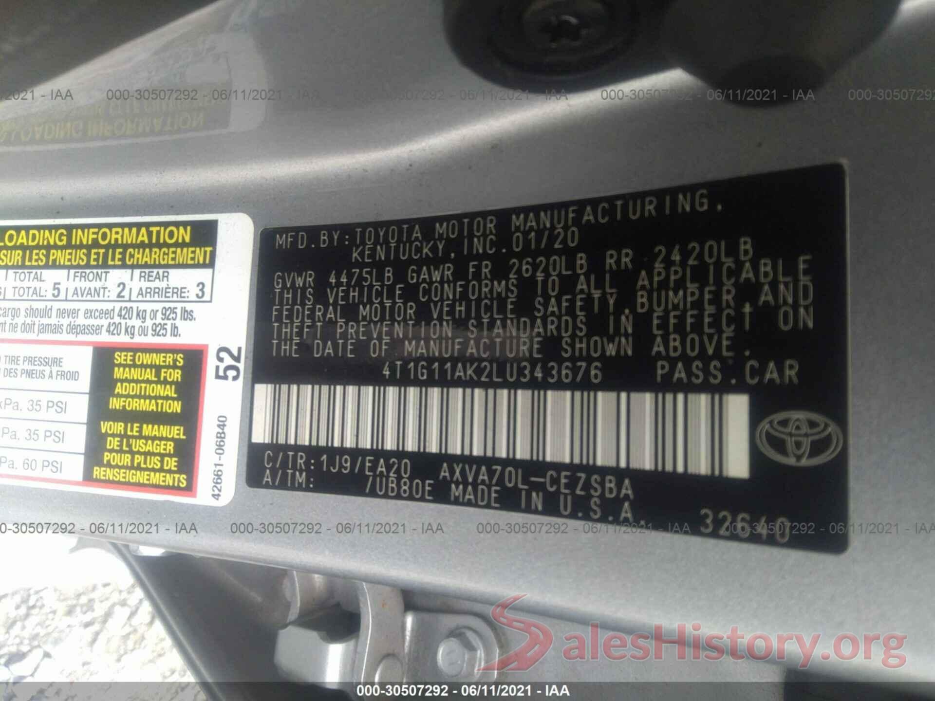 4T1G11AK2LU343676 2020 TOYOTA CAMRY