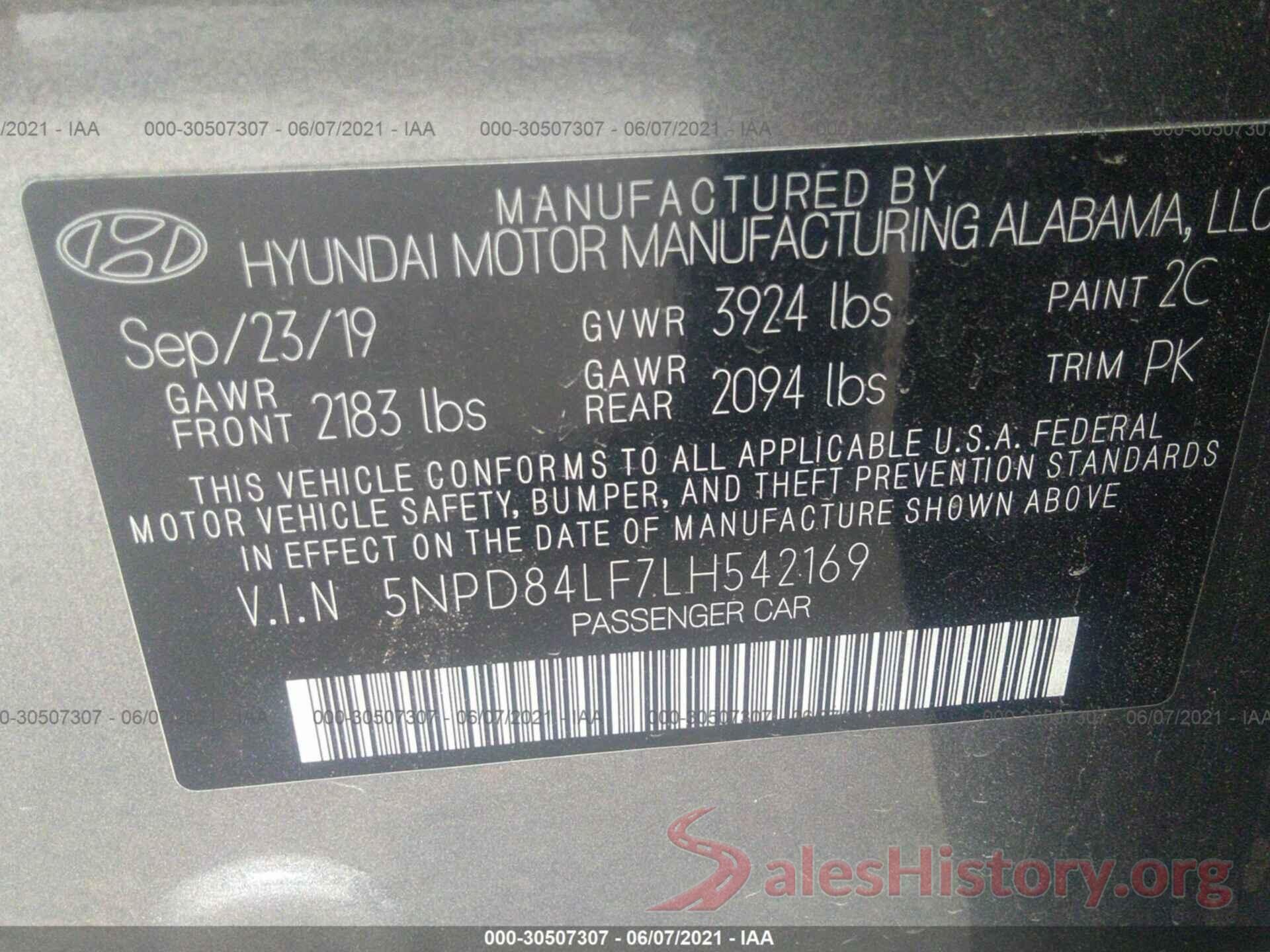 5NPD84LF7LH542169 2020 HYUNDAI ELANTRA