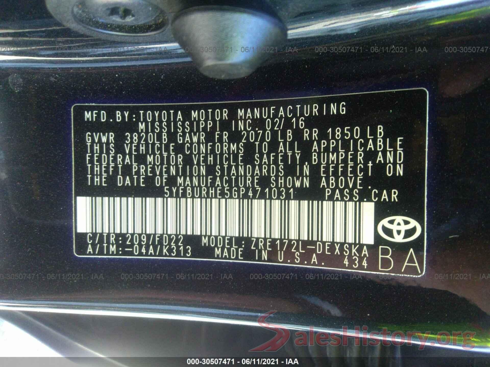 5YFBURHE5GP471031 2016 TOYOTA COROLLA