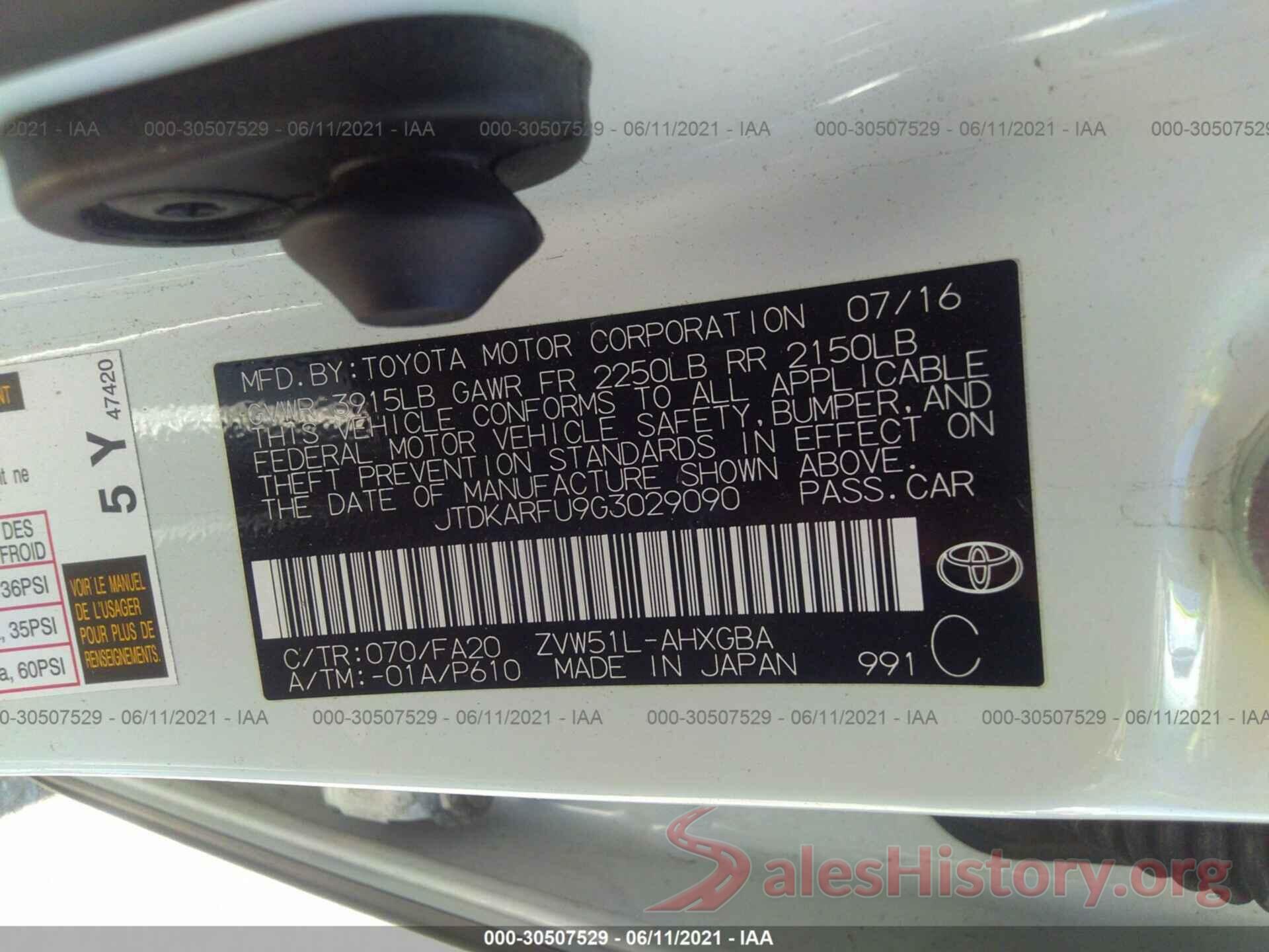 JTDKARFU9G3029090 2016 TOYOTA PRIUS