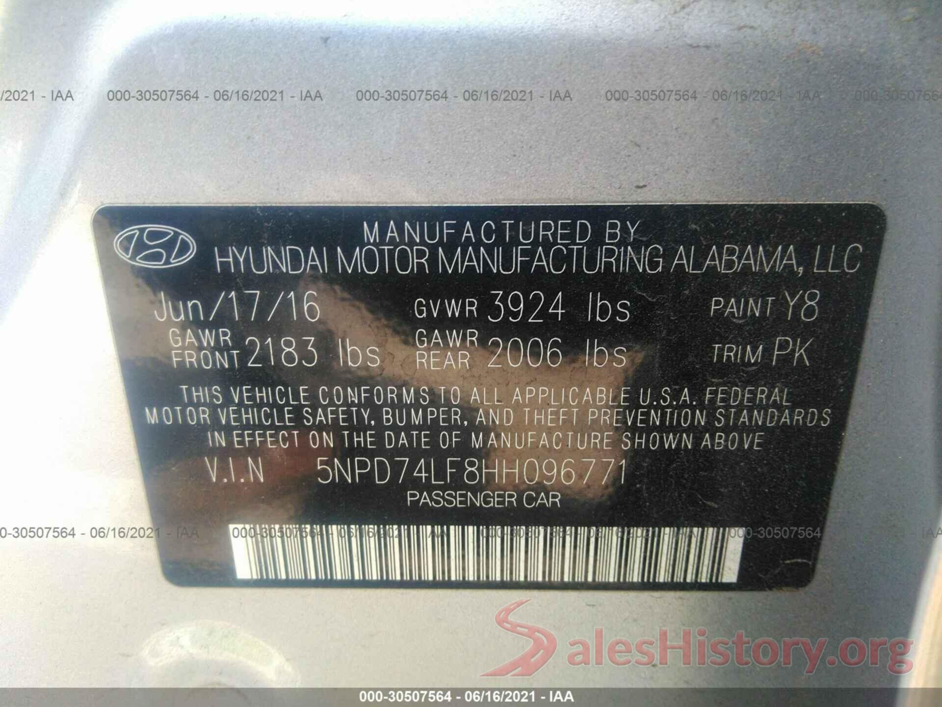 5NPD74LF8HH096771 2017 HYUNDAI ELANTRA