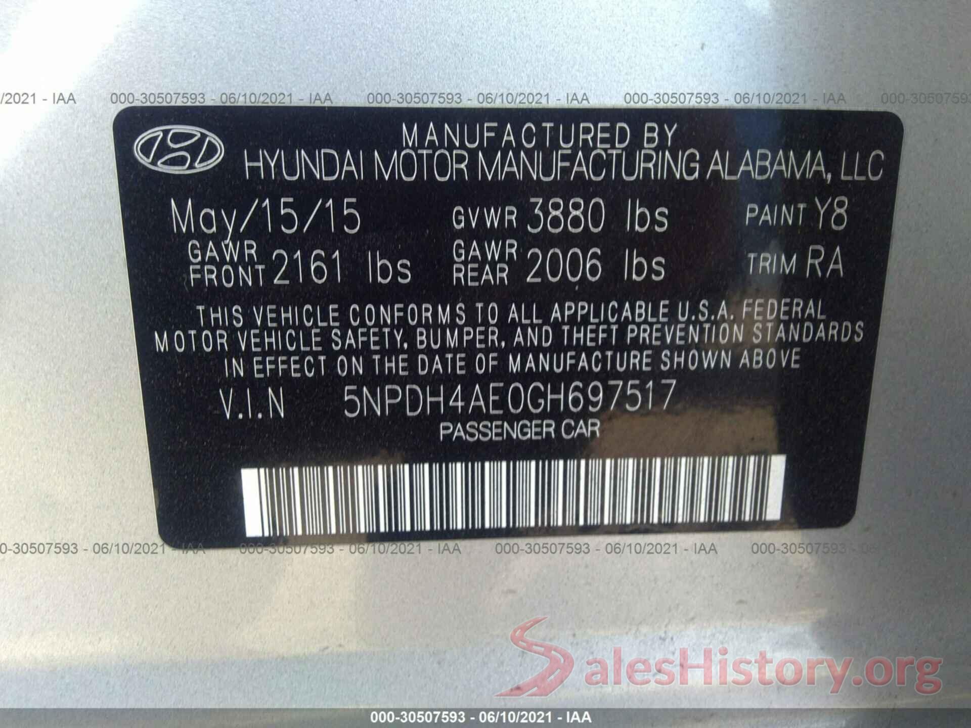 5NPDH4AE0GH697517 2016 HYUNDAI ELANTRA