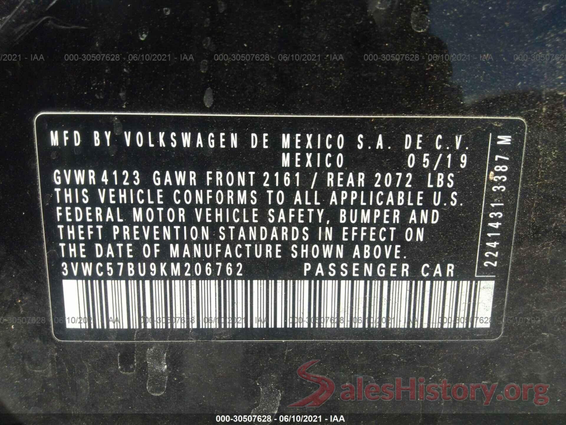 3VWC57BU9KM206762 2019 VOLKSWAGEN JETTA