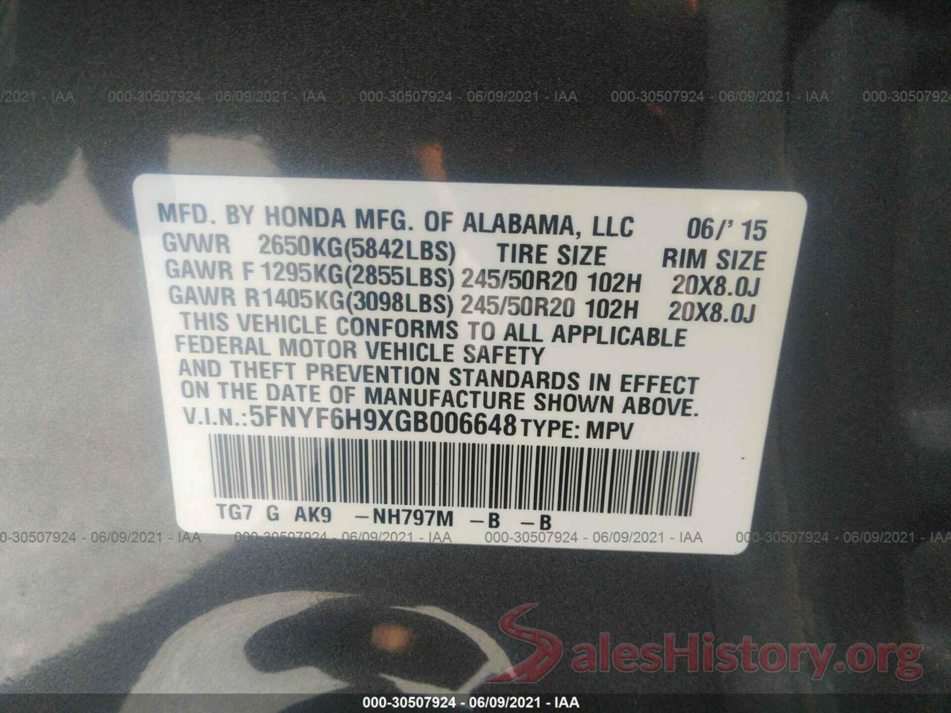 5FNYF6H9XGB006648 2016 HONDA PILOT