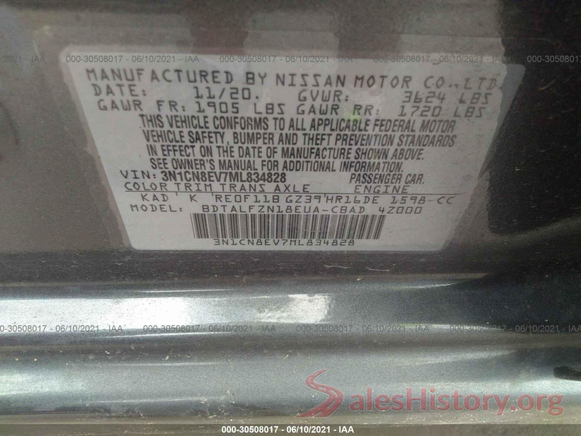 3N1CN8EV7ML834828 2021 NISSAN VERSA