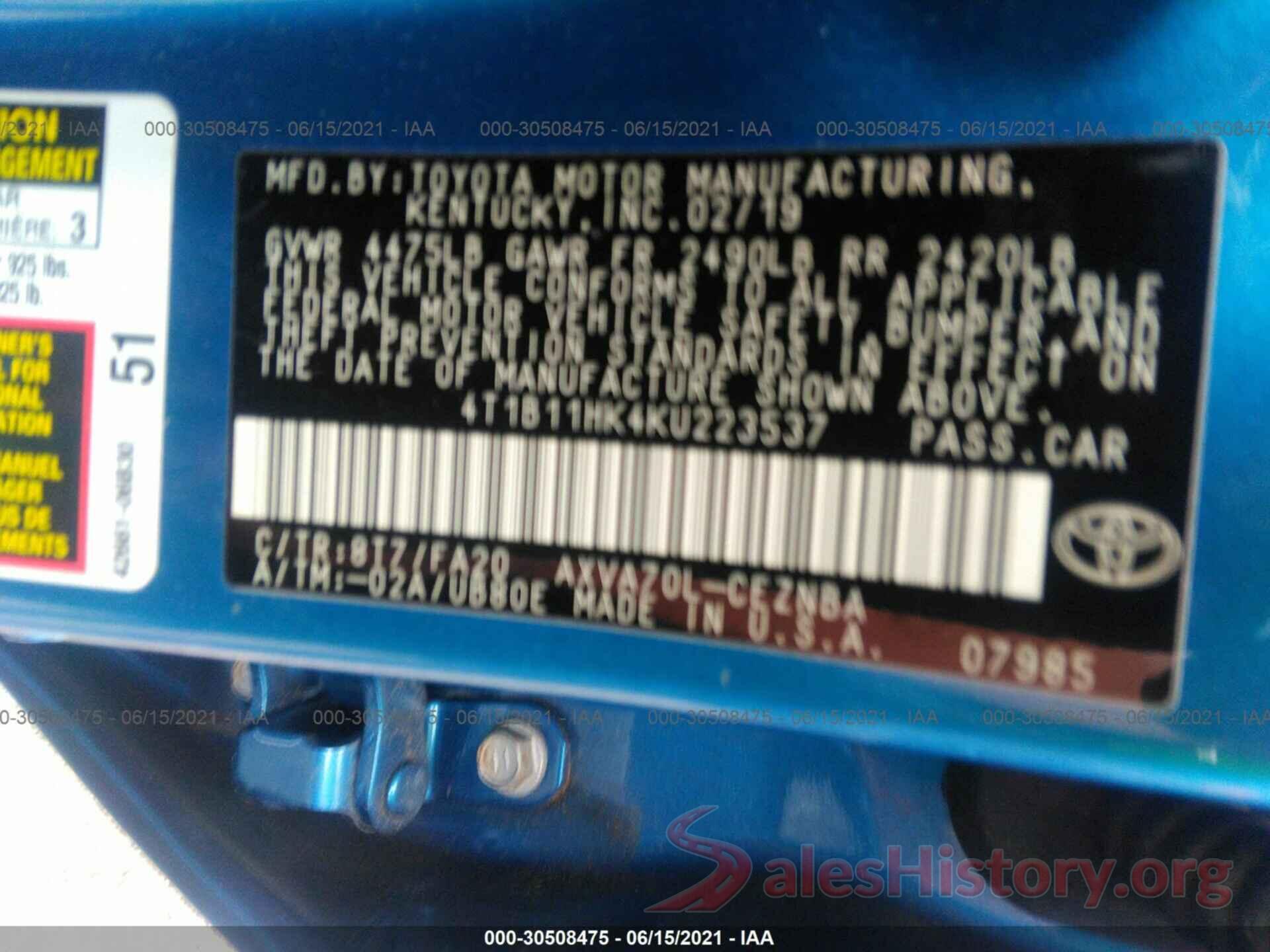 4T1B11HK4KU223537 2019 TOYOTA CAMRY