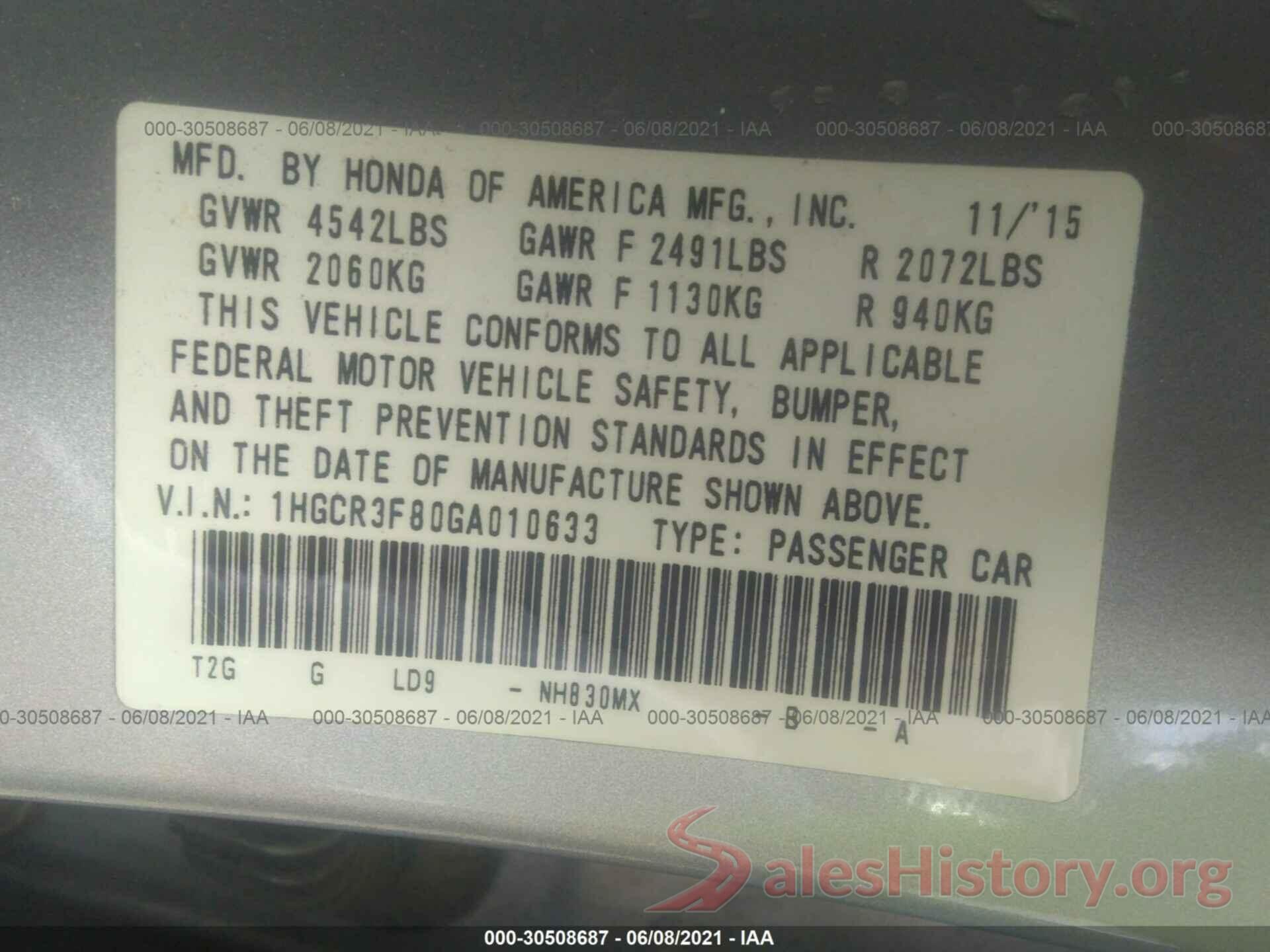 1HGCR3F80GA010633 2016 HONDA ACCORD SEDAN