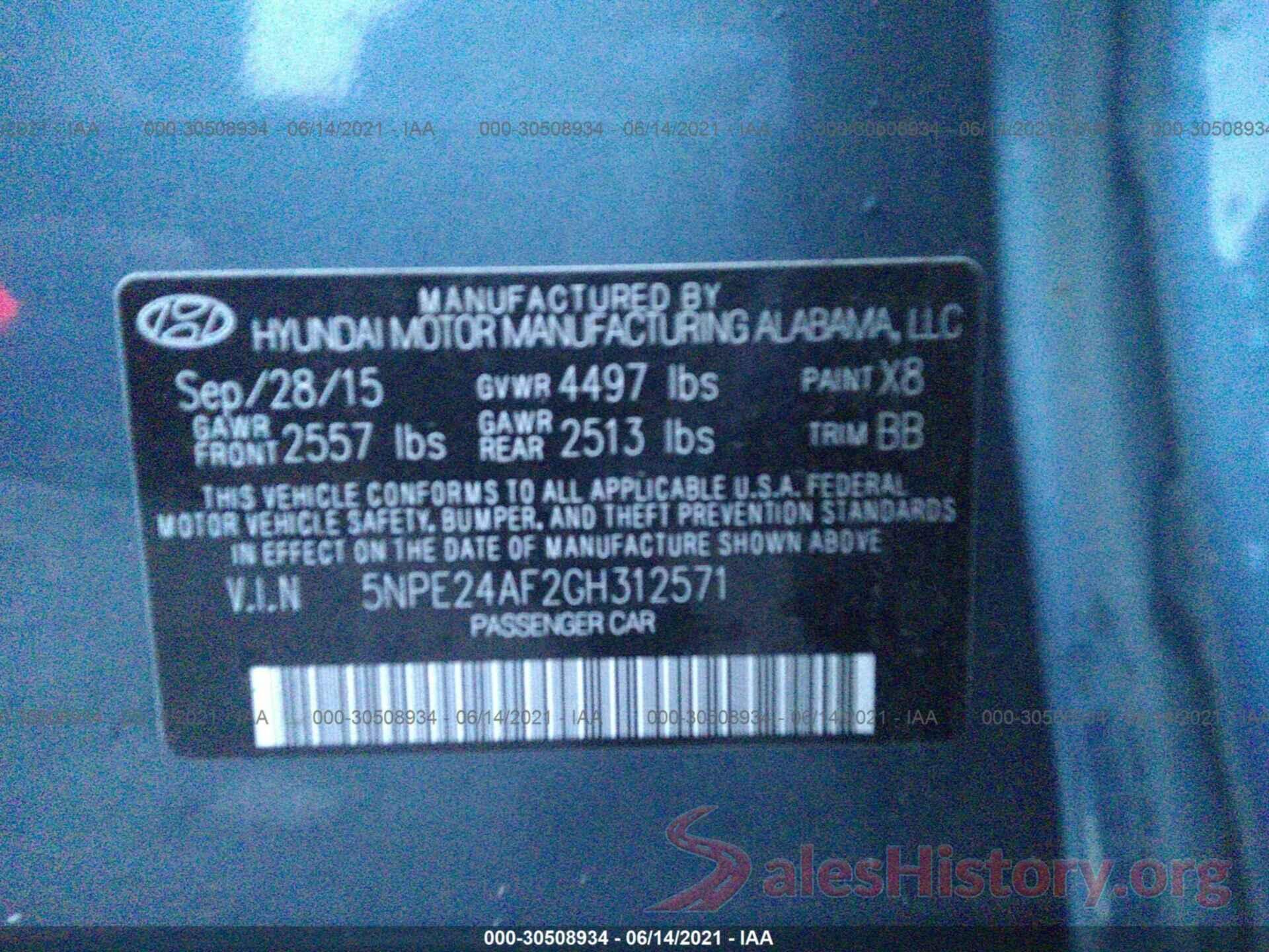 5NPE24AF2GH312571 2016 HYUNDAI SONATA