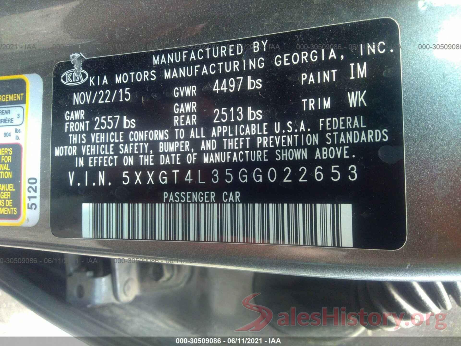 5XXGT4L35GG022653 2016 KIA OPTIMA