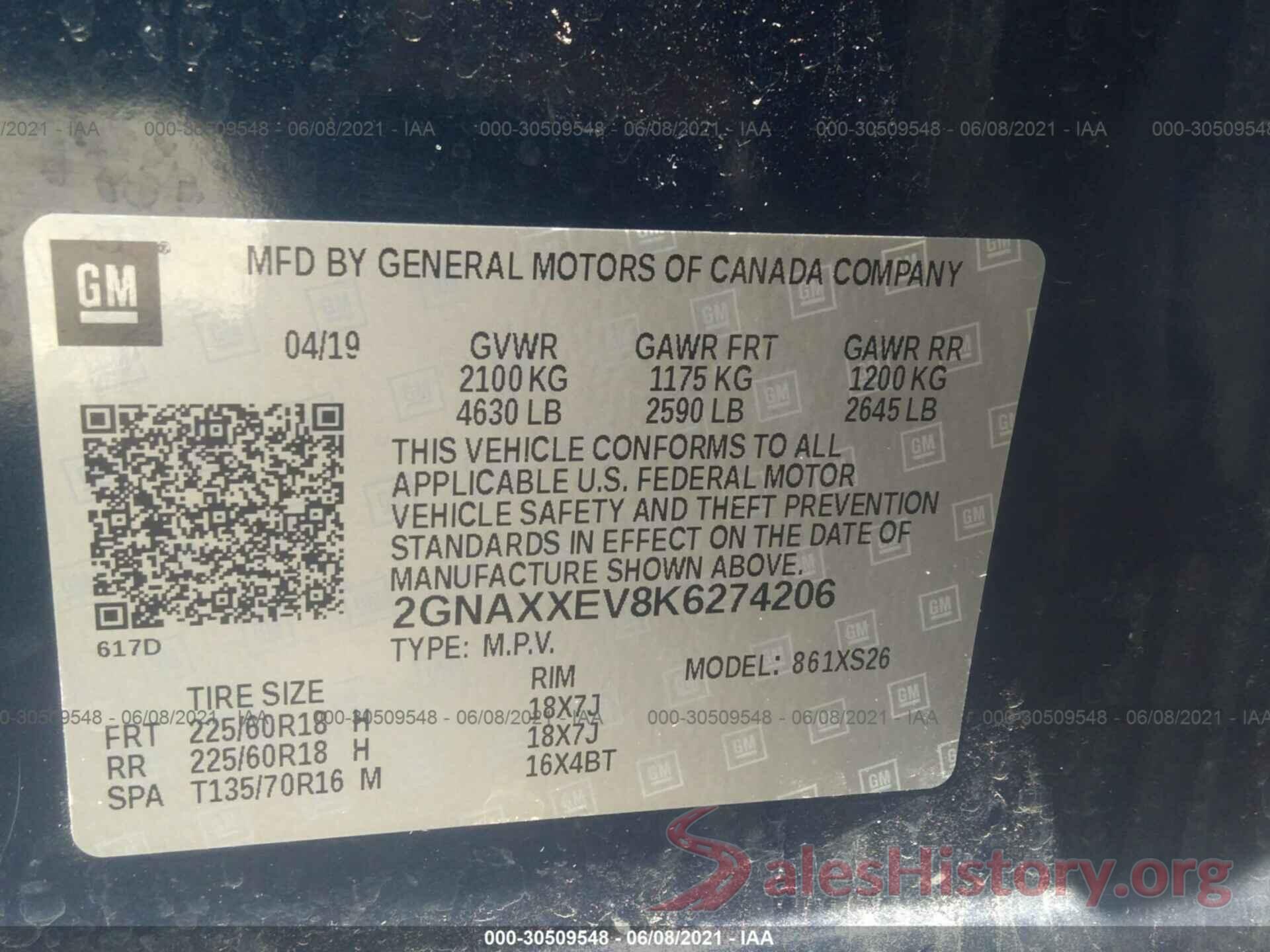 2GNAXXEV8K6274206 2019 CHEVROLET EQUINOX