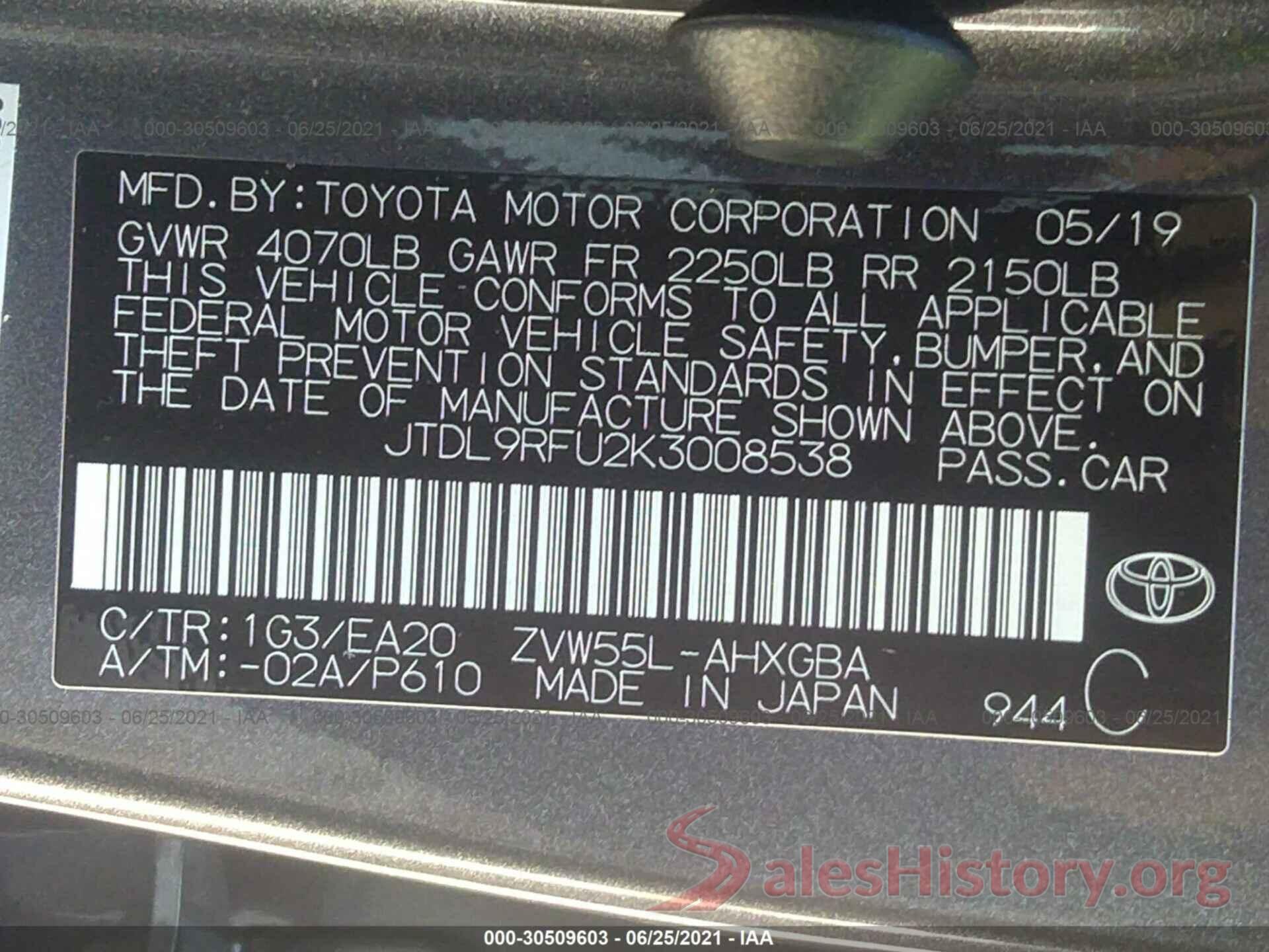 JTDL9RFU2K3008538 2019 TOYOTA PRIUS