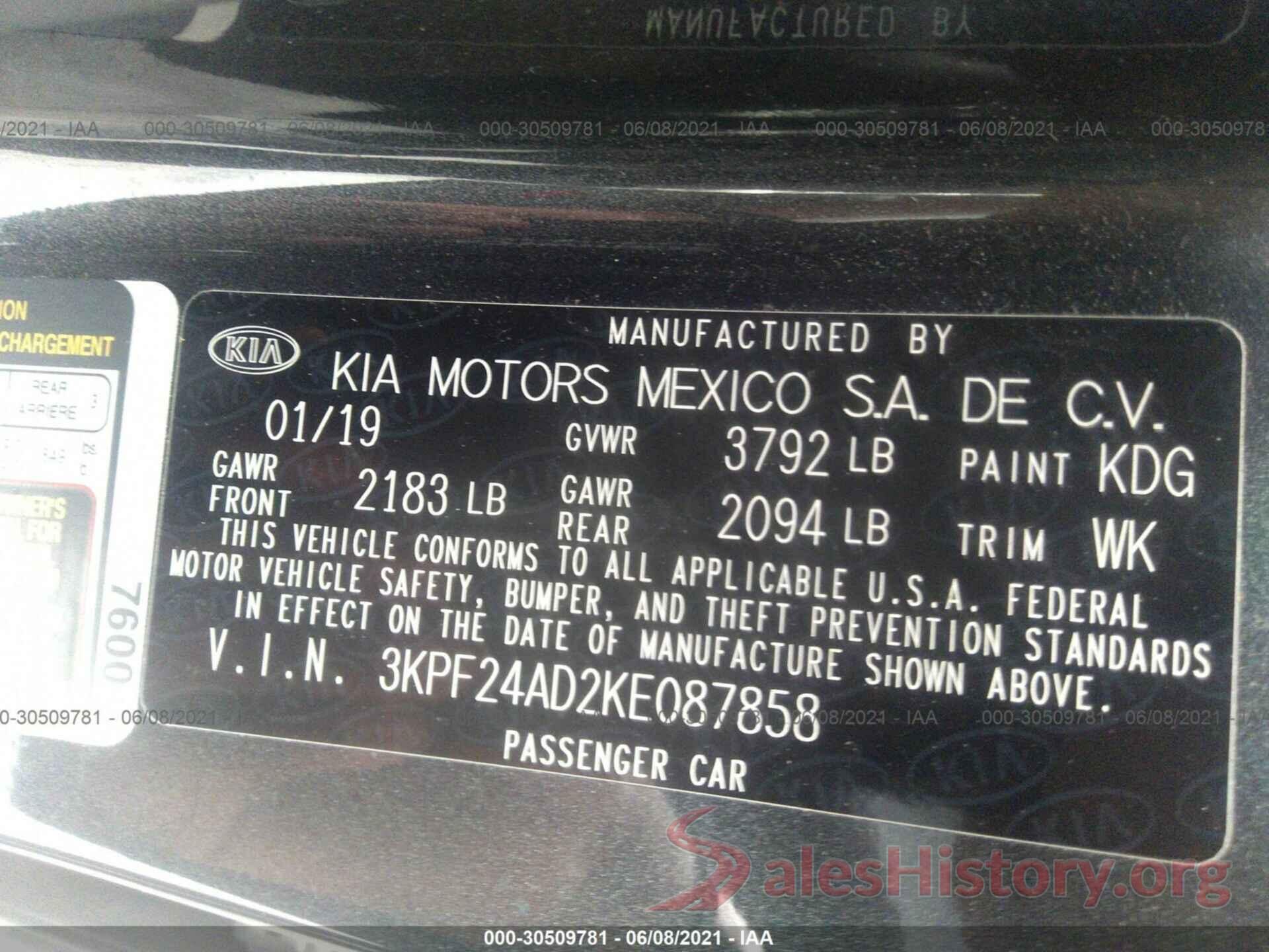 3KPF24AD2KE087858 2019 KIA FORTE