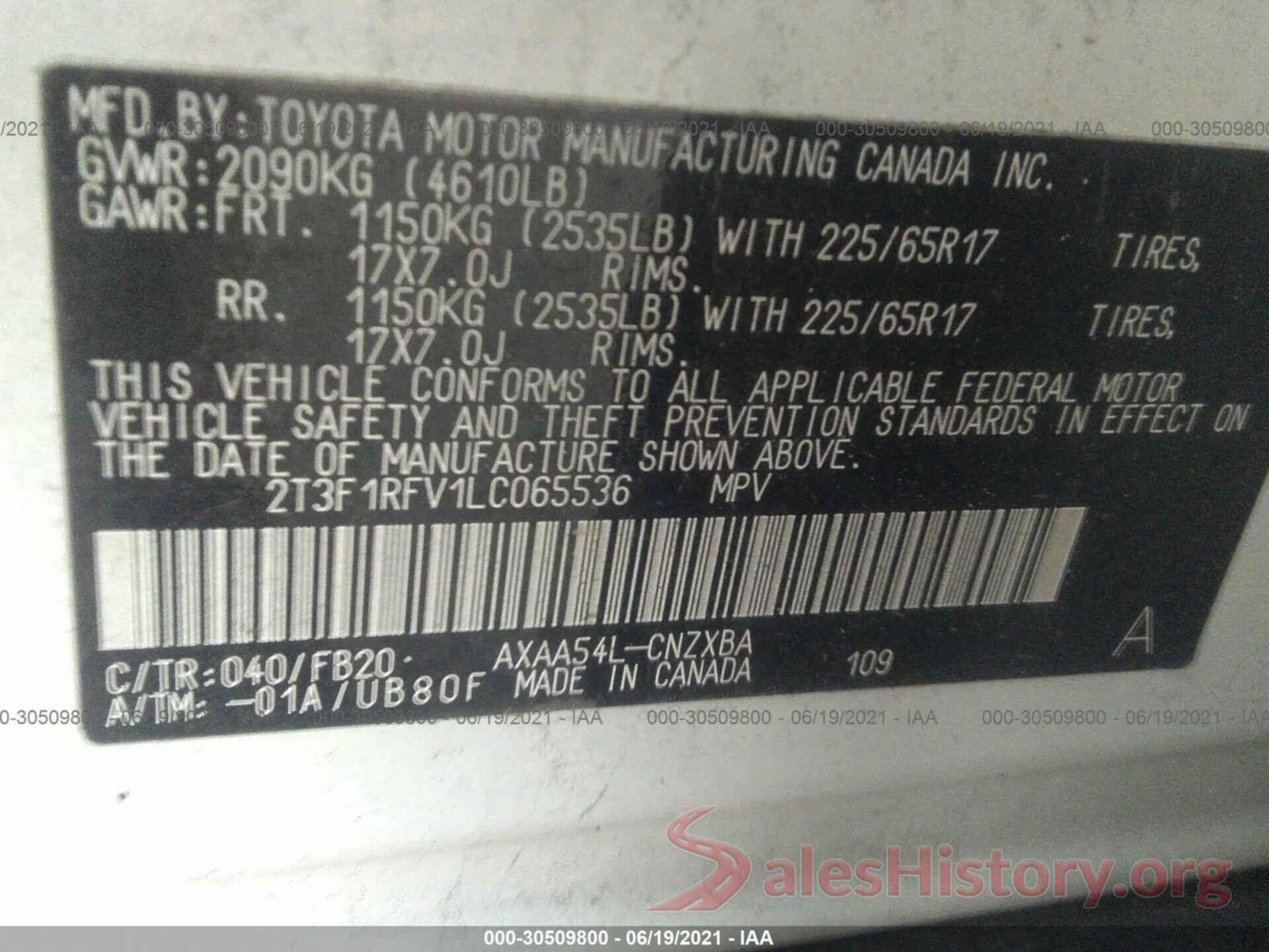 2T3F1RFV1LC065536 2020 TOYOTA RAV4