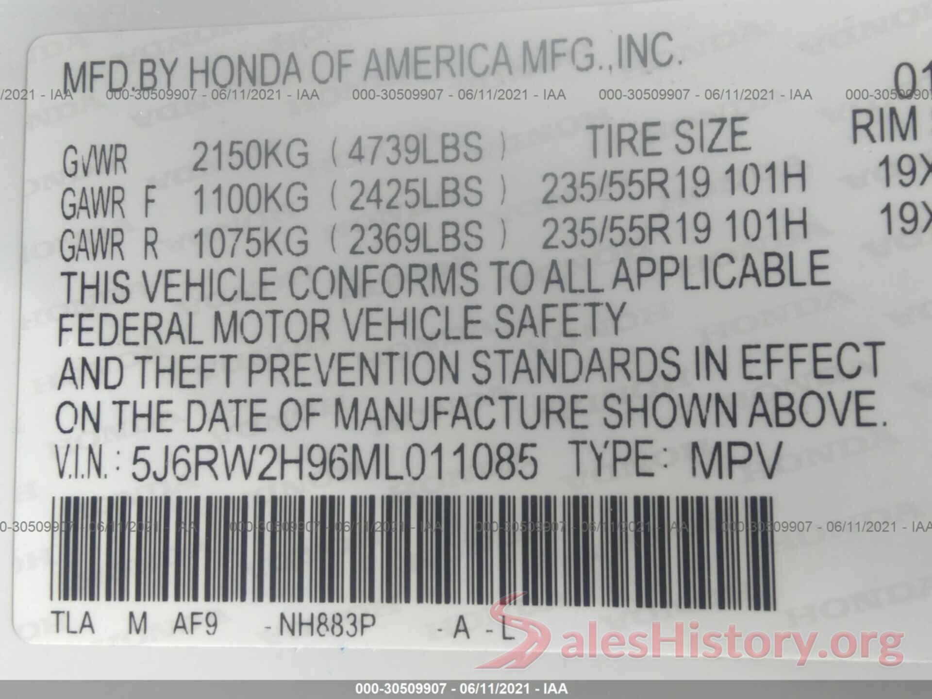 5J6RW2H96ML011085 2021 HONDA CR-V