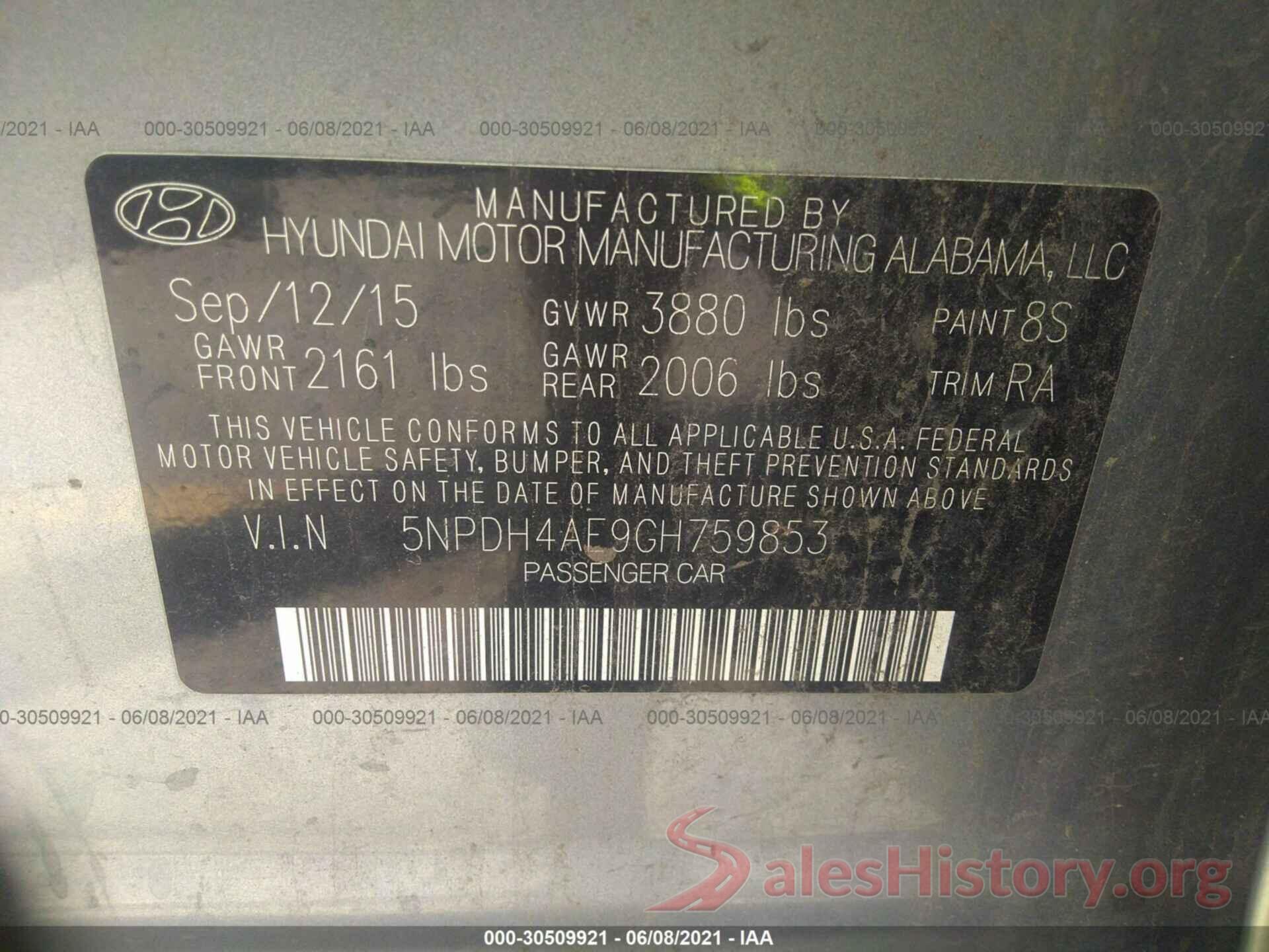 5NPDH4AE9GH759853 2016 HYUNDAI ELANTRA