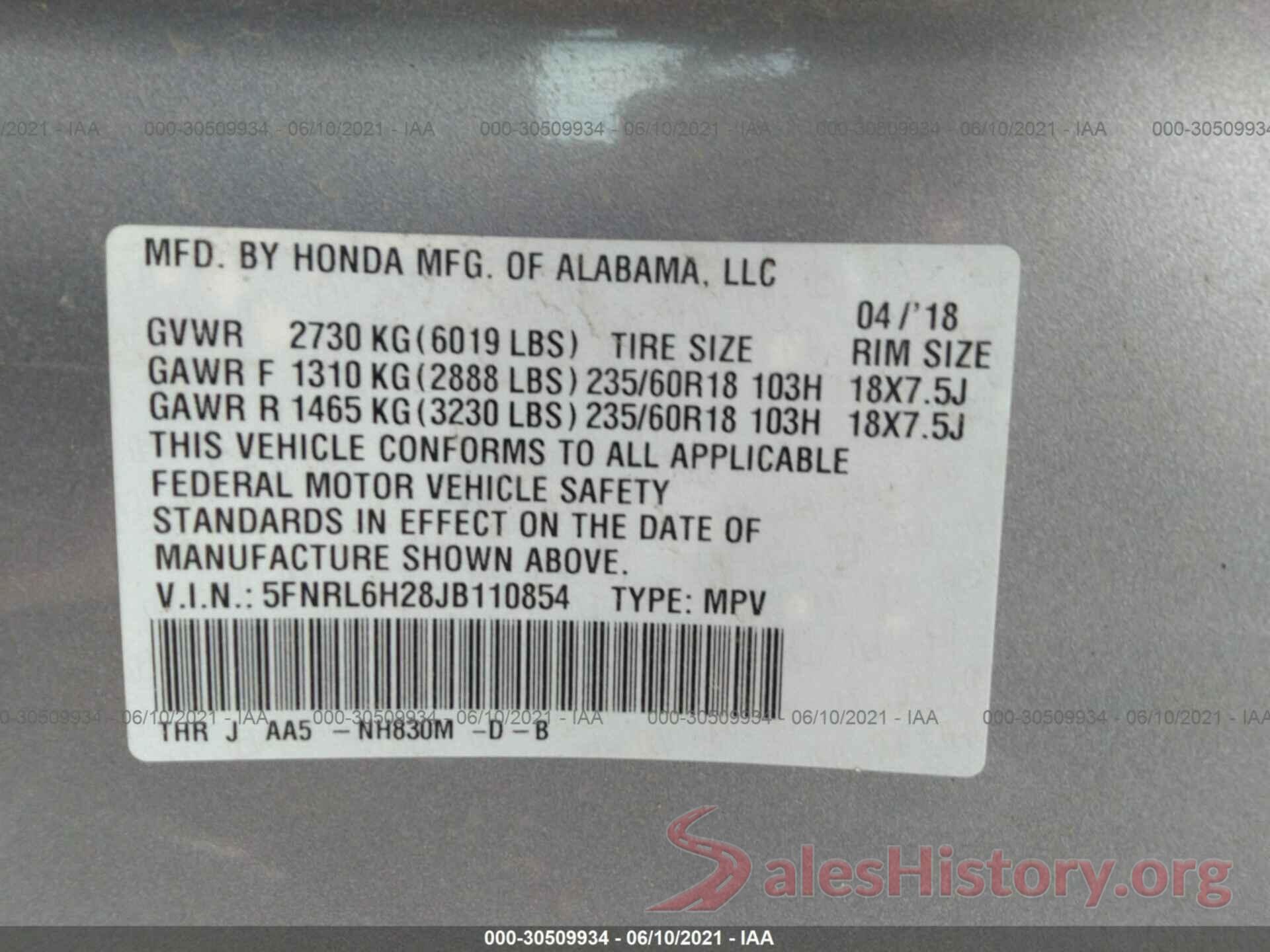 5FNRL6H28JB110854 2018 HONDA ODYSSEY