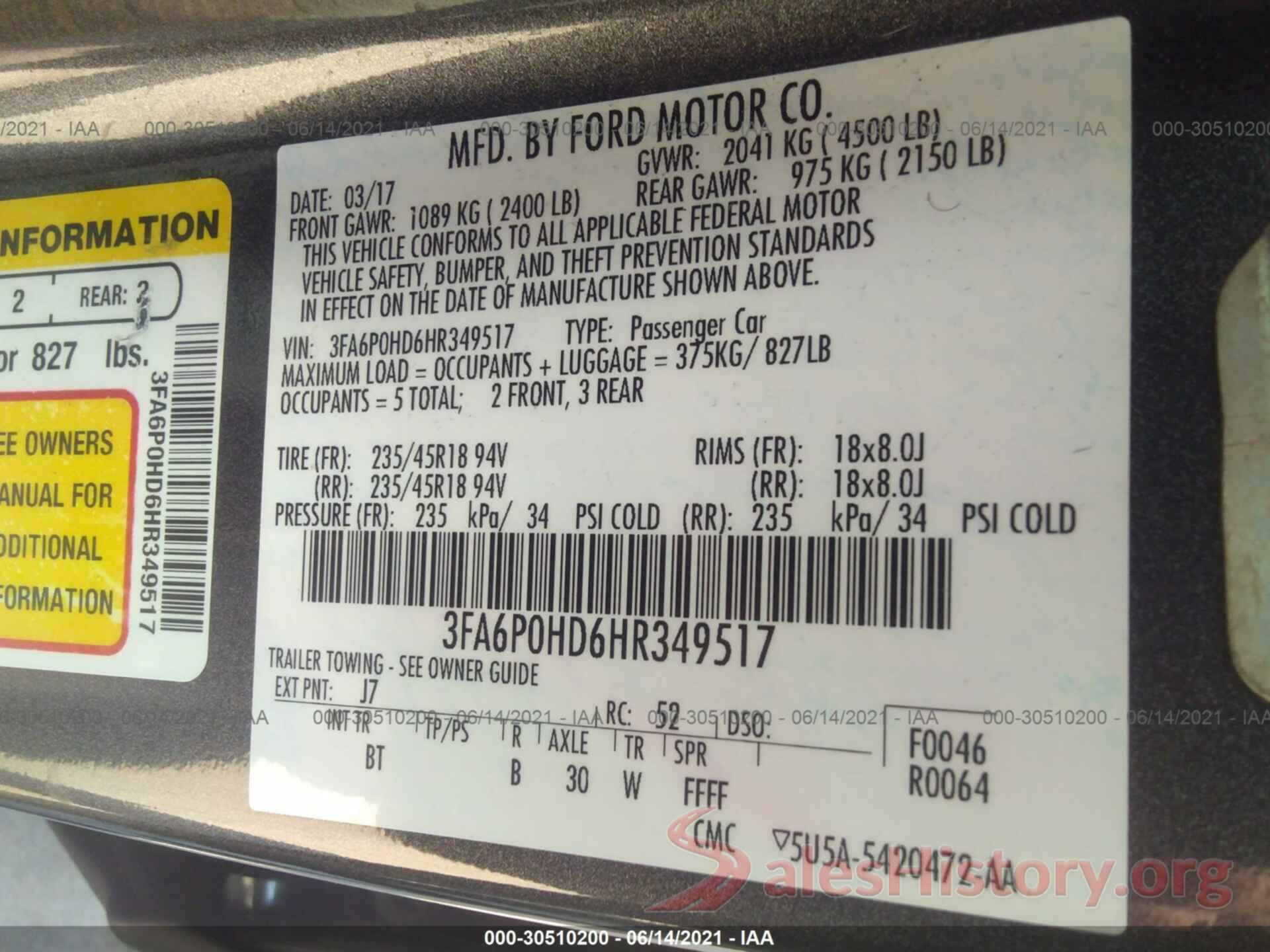 3FA6P0HD6HR349517 2017 FORD FUSION