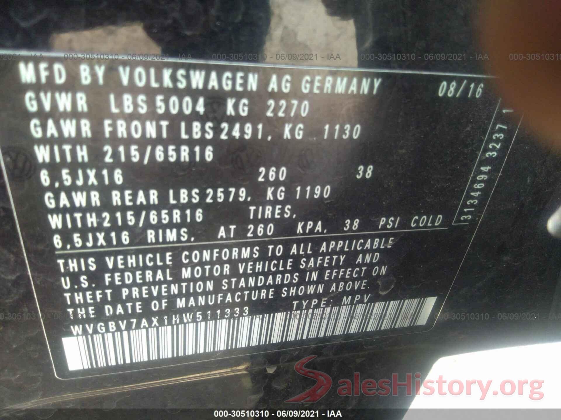 WVGBV7AX1HW511333 2017 VOLKSWAGEN TIGUAN