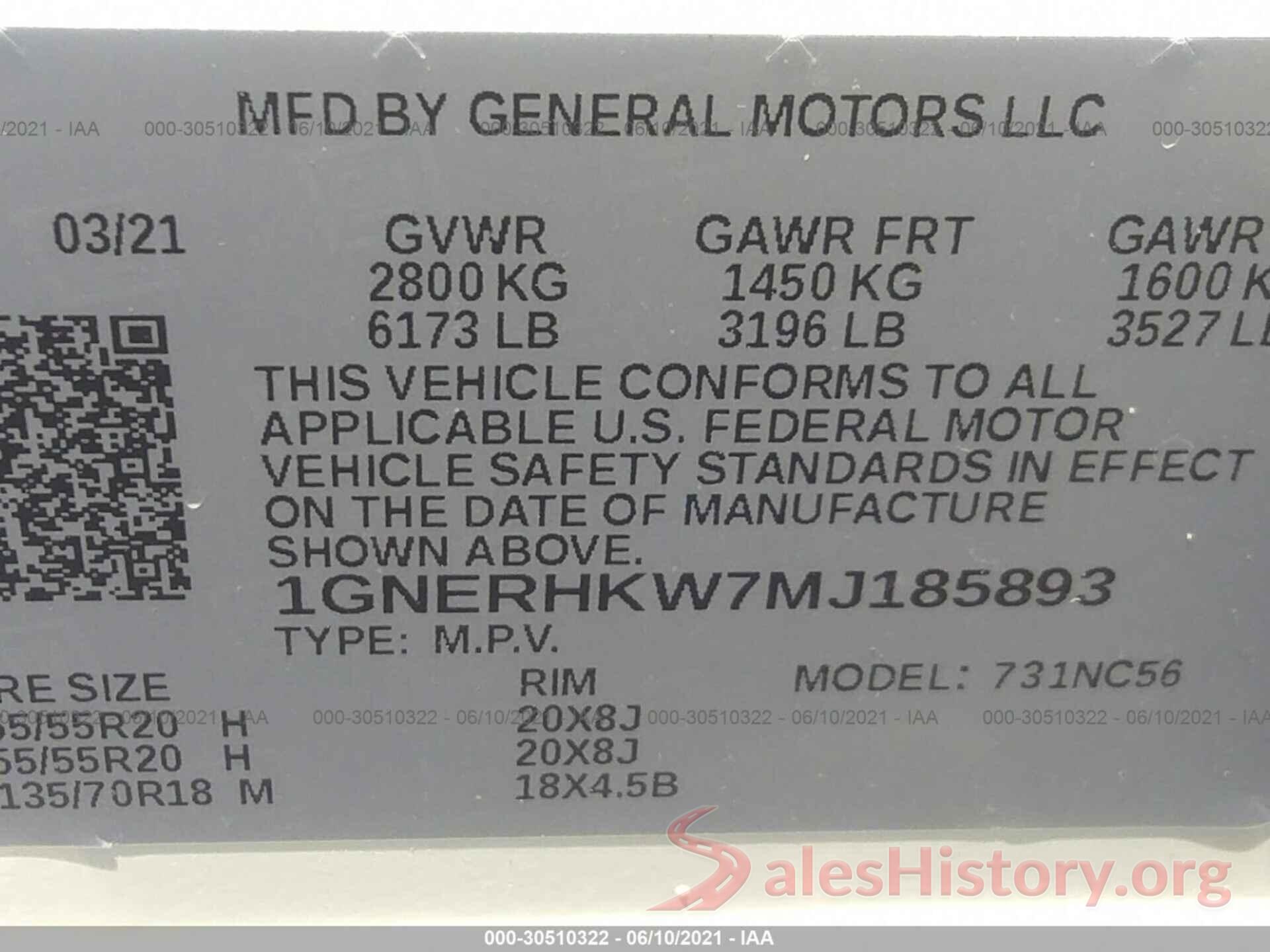 1GNERHKW7MJ185893 2021 CHEVROLET TRAVERSE