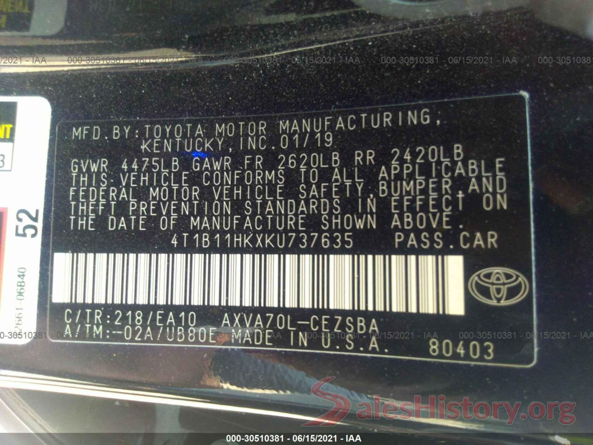 4T1B11HKXKU737635 2019 TOYOTA CAMRY