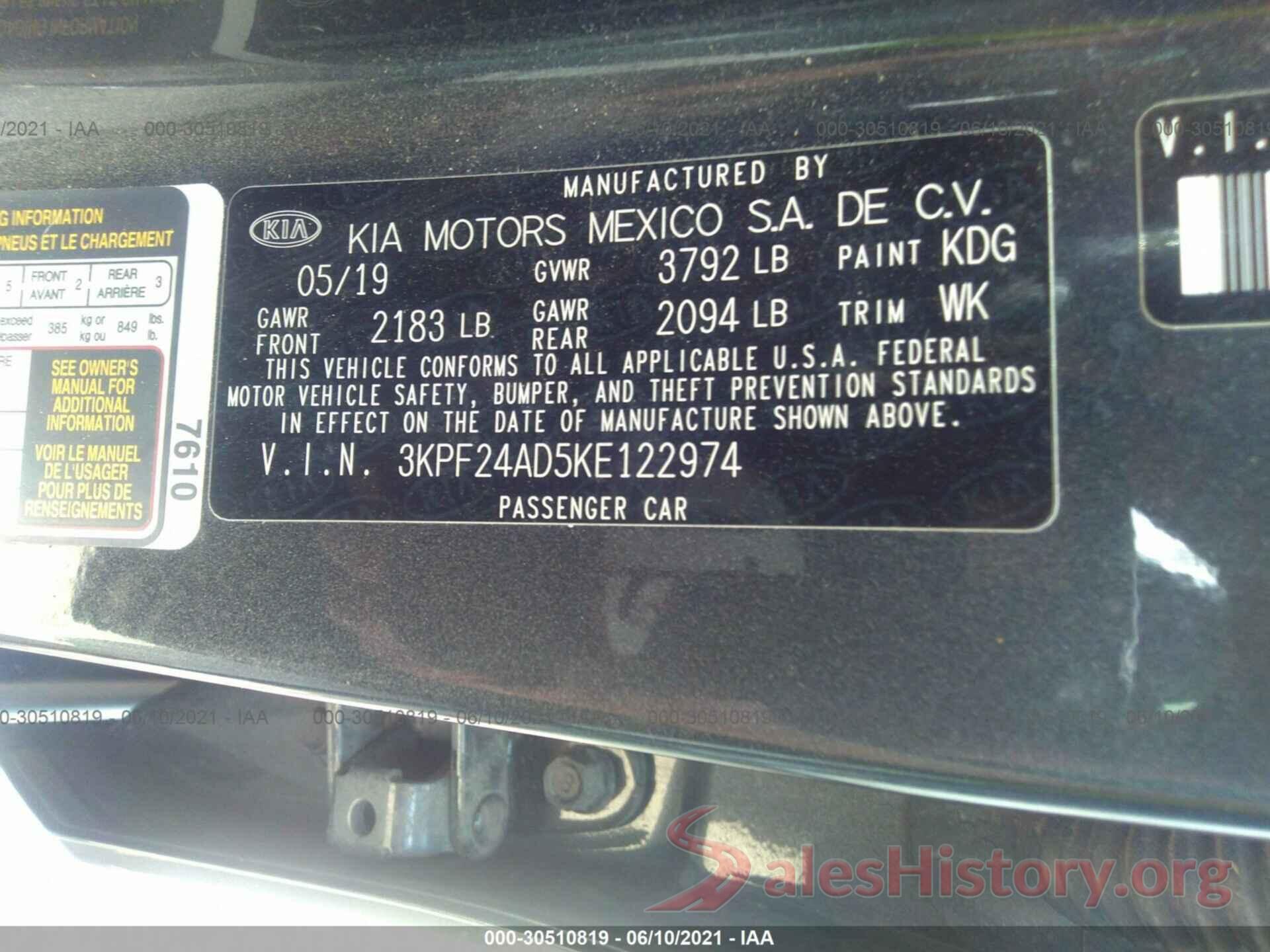 3KPF24AD5KE122974 2019 KIA FORTE