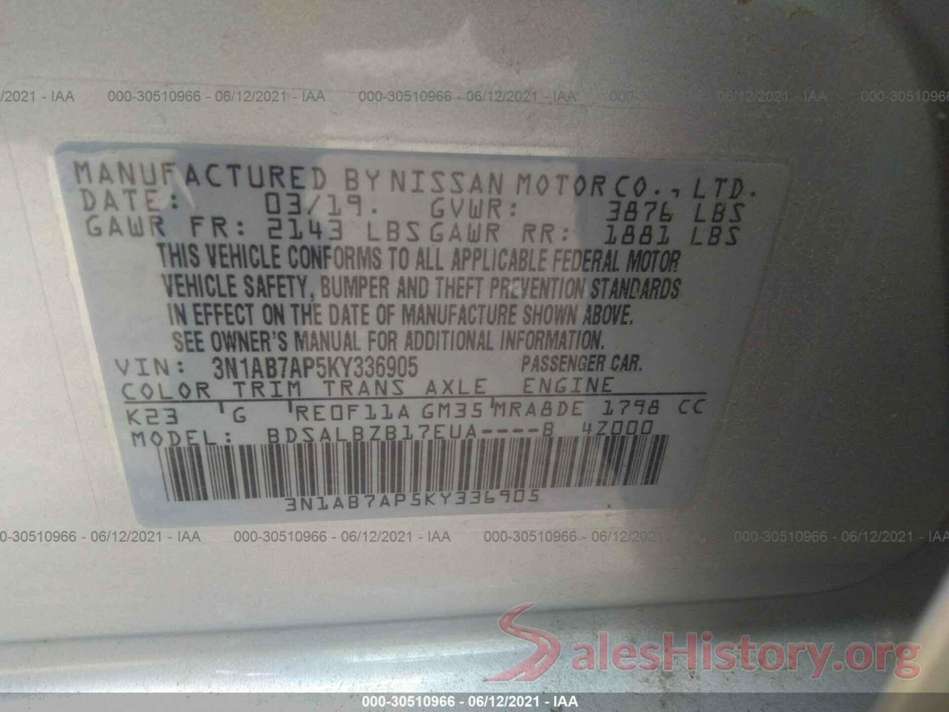 3N1AB7AP5KY336905 2019 NISSAN SENTRA