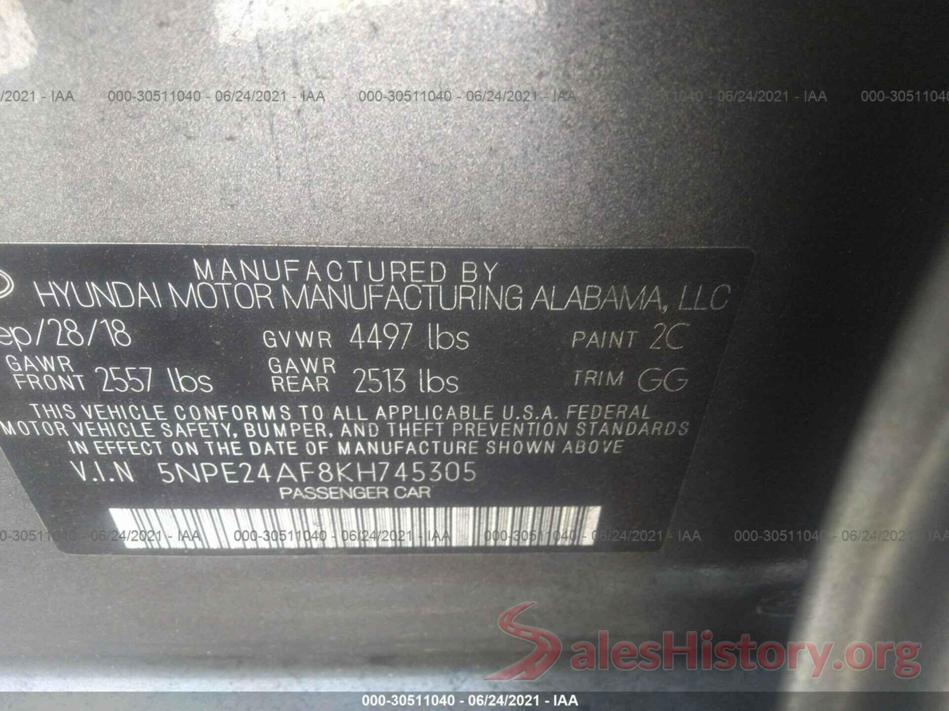 5NPE24AF8KH745305 2019 HYUNDAI SONATA