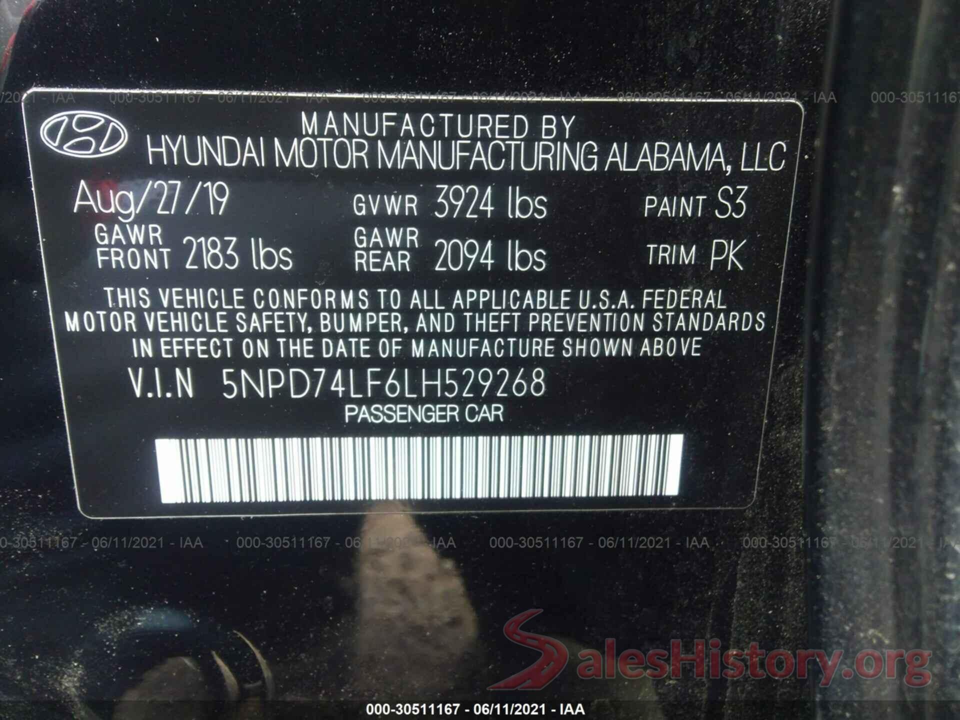 5NPD74LF6LH529268 2020 HYUNDAI ELANTRA