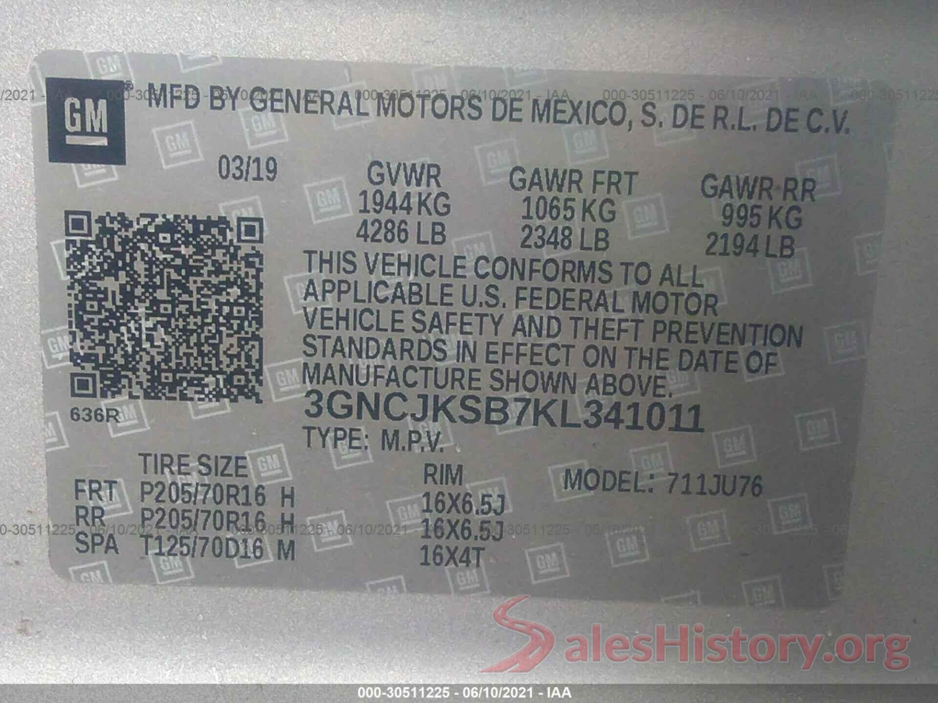 3GNCJKSB7KL341011 2019 CHEVROLET TRAX