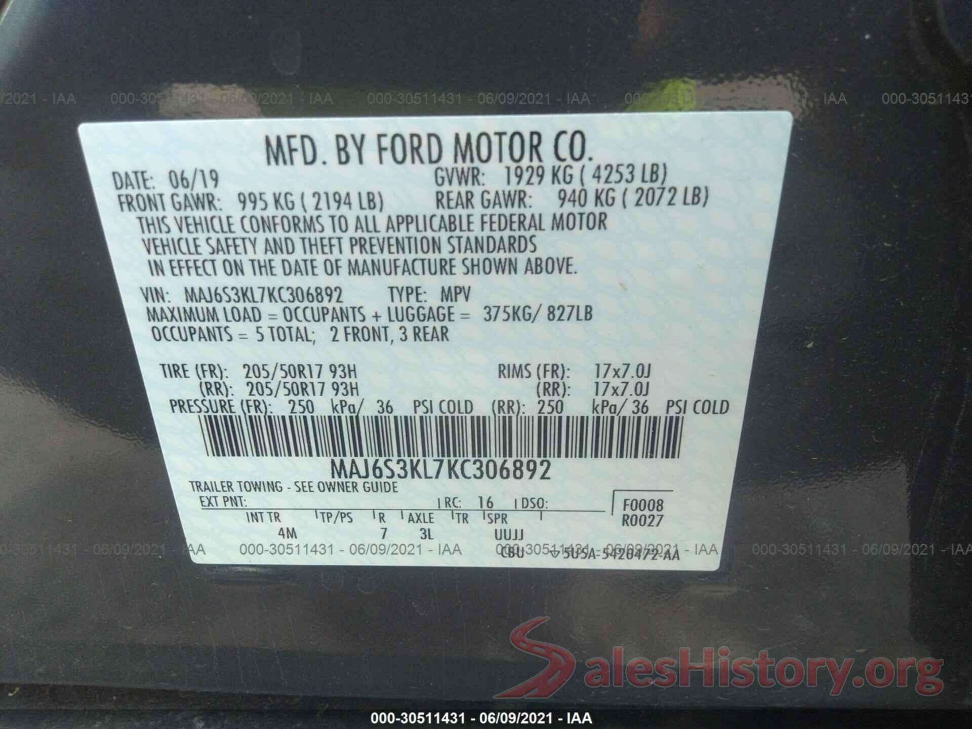 MAJ6S3KL7KC306892 2019 FORD ECOSPORT