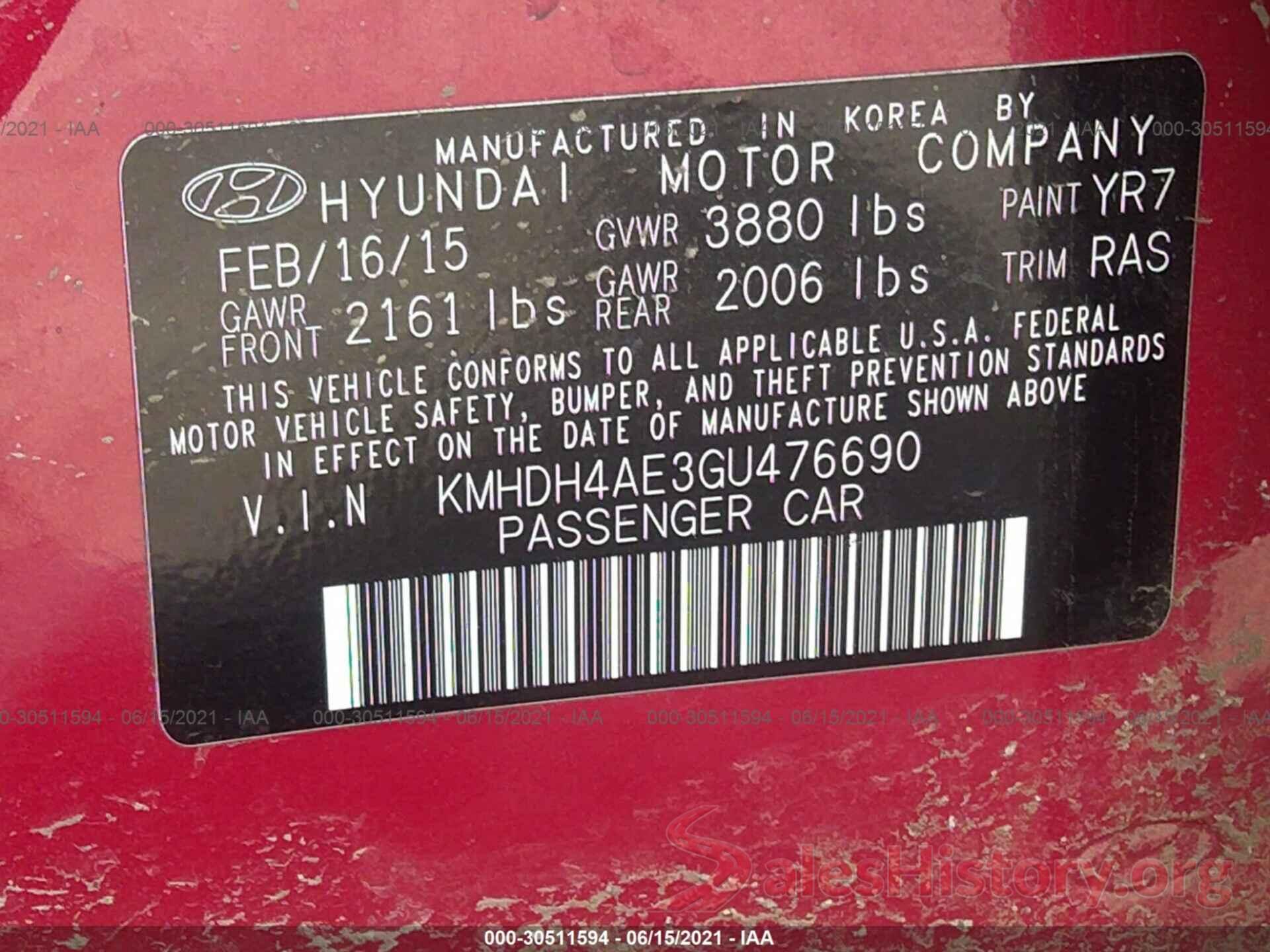 KMHDH4AE3GU476690 2016 HYUNDAI ELANTRA