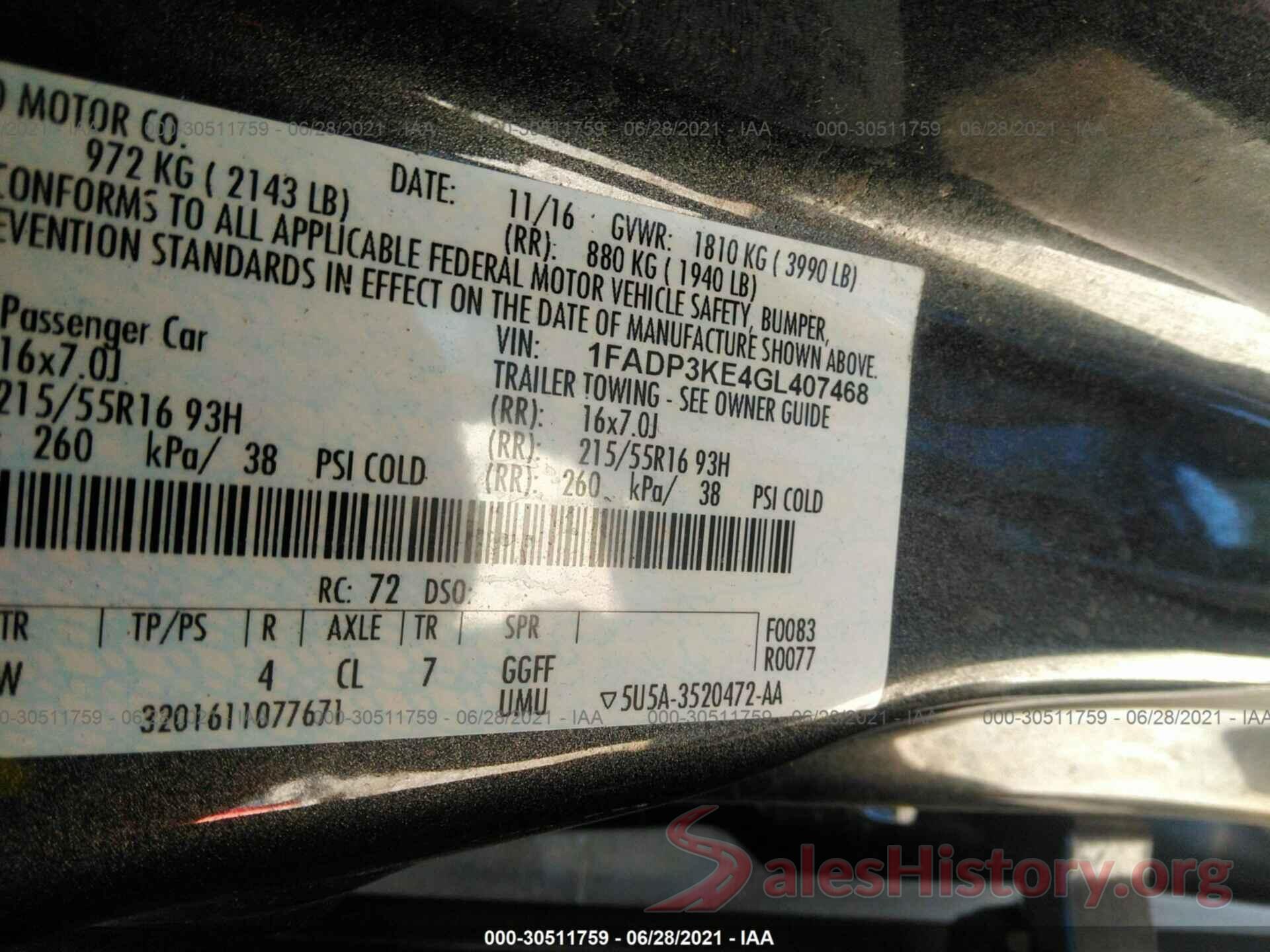 1FADP3KE4GL407468 2016 FORD FOCUS