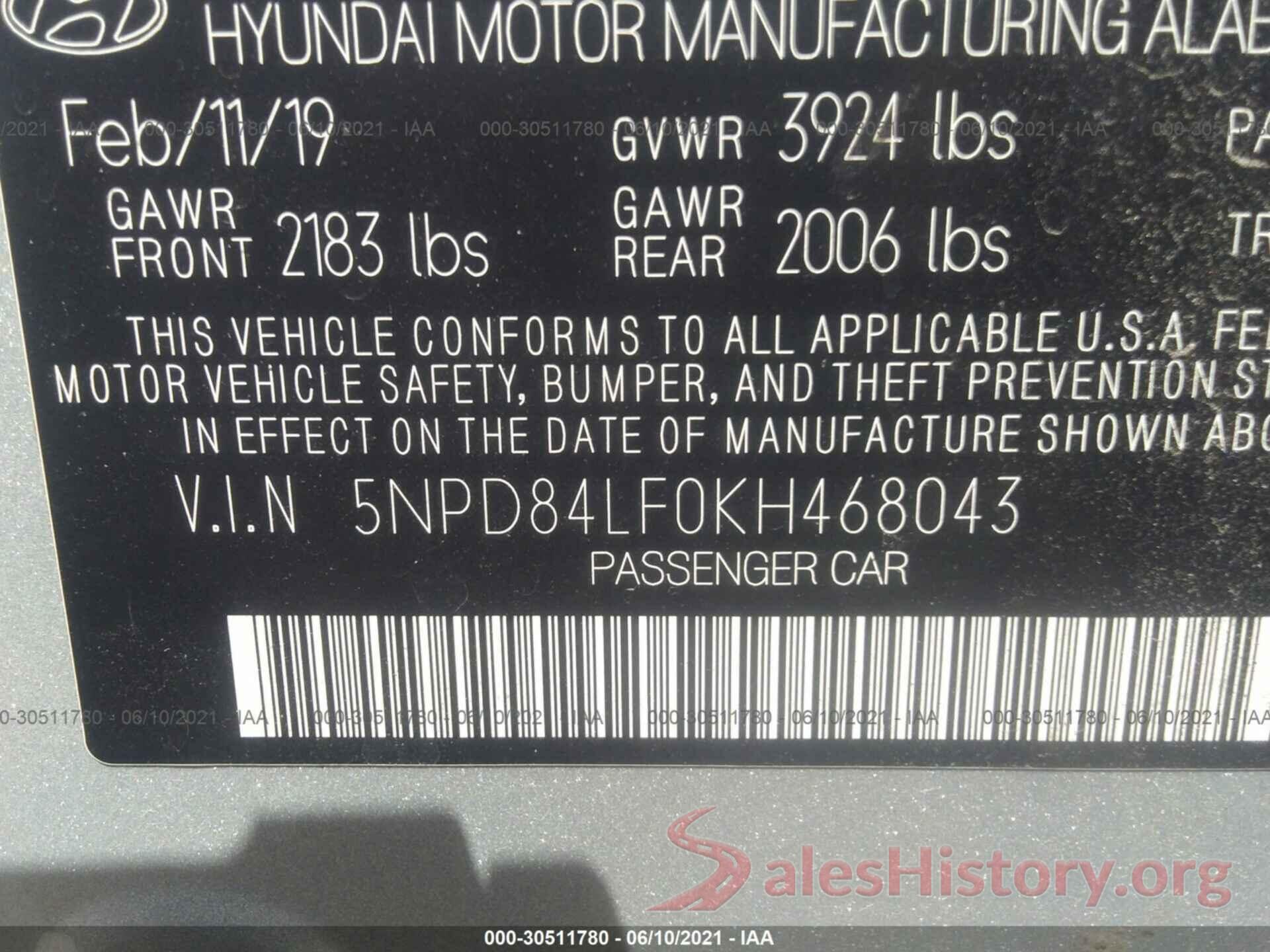 5NPD84LF0KH468043 2019 HYUNDAI ELANTRA