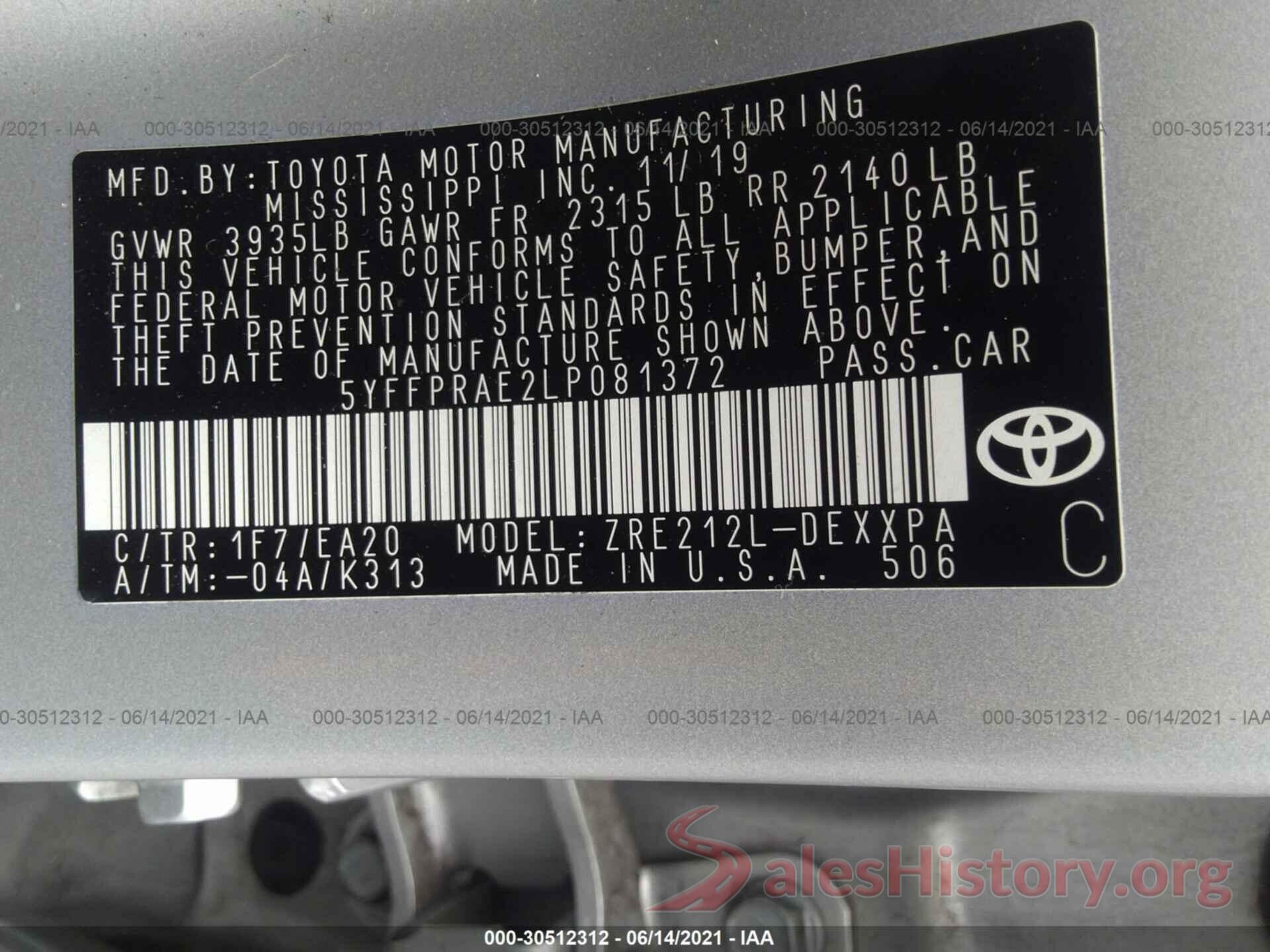 5YFFPRAE2LP081372 2020 TOYOTA COROLLA