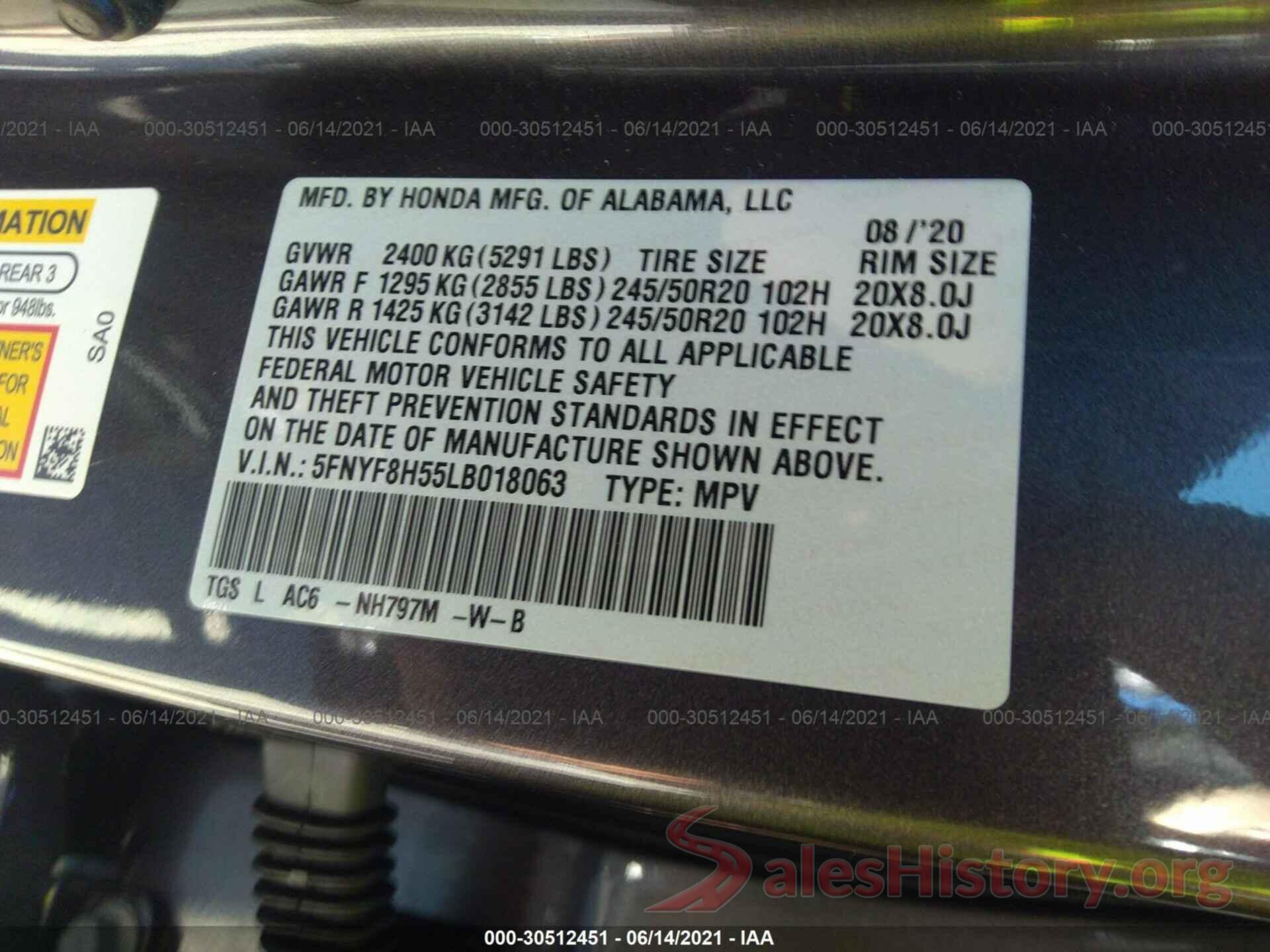 5FNYF8H55LB018063 2020 HONDA PASSPORT