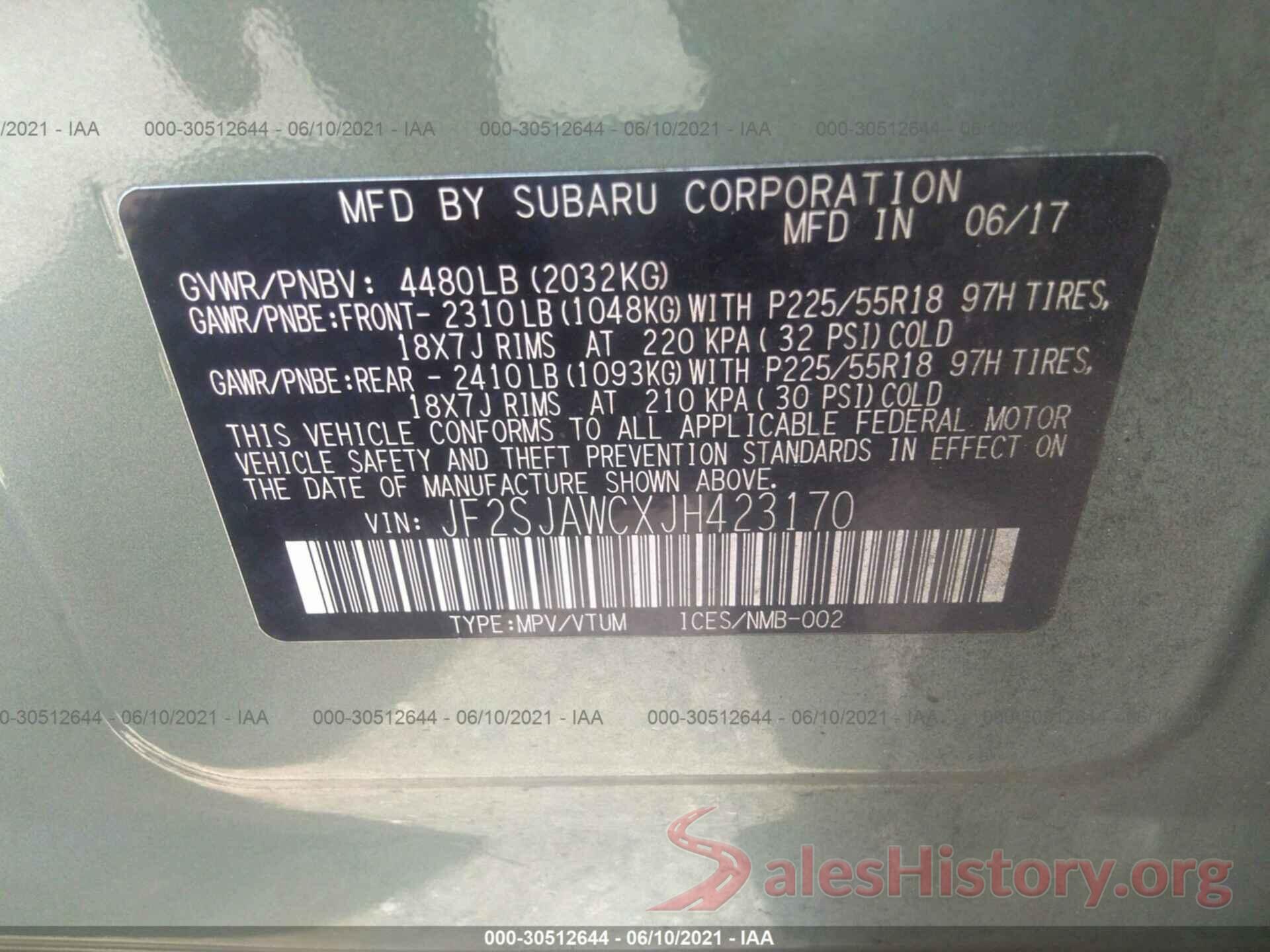 JF2SJAWCXJH423170 2018 SUBARU FORESTER