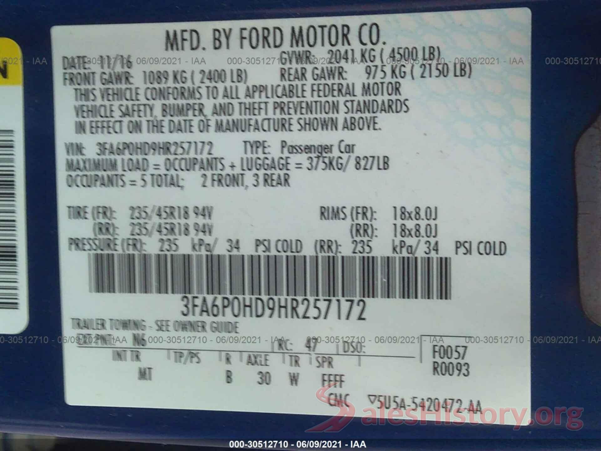 3FA6P0HD9HR257172 2017 FORD FUSION