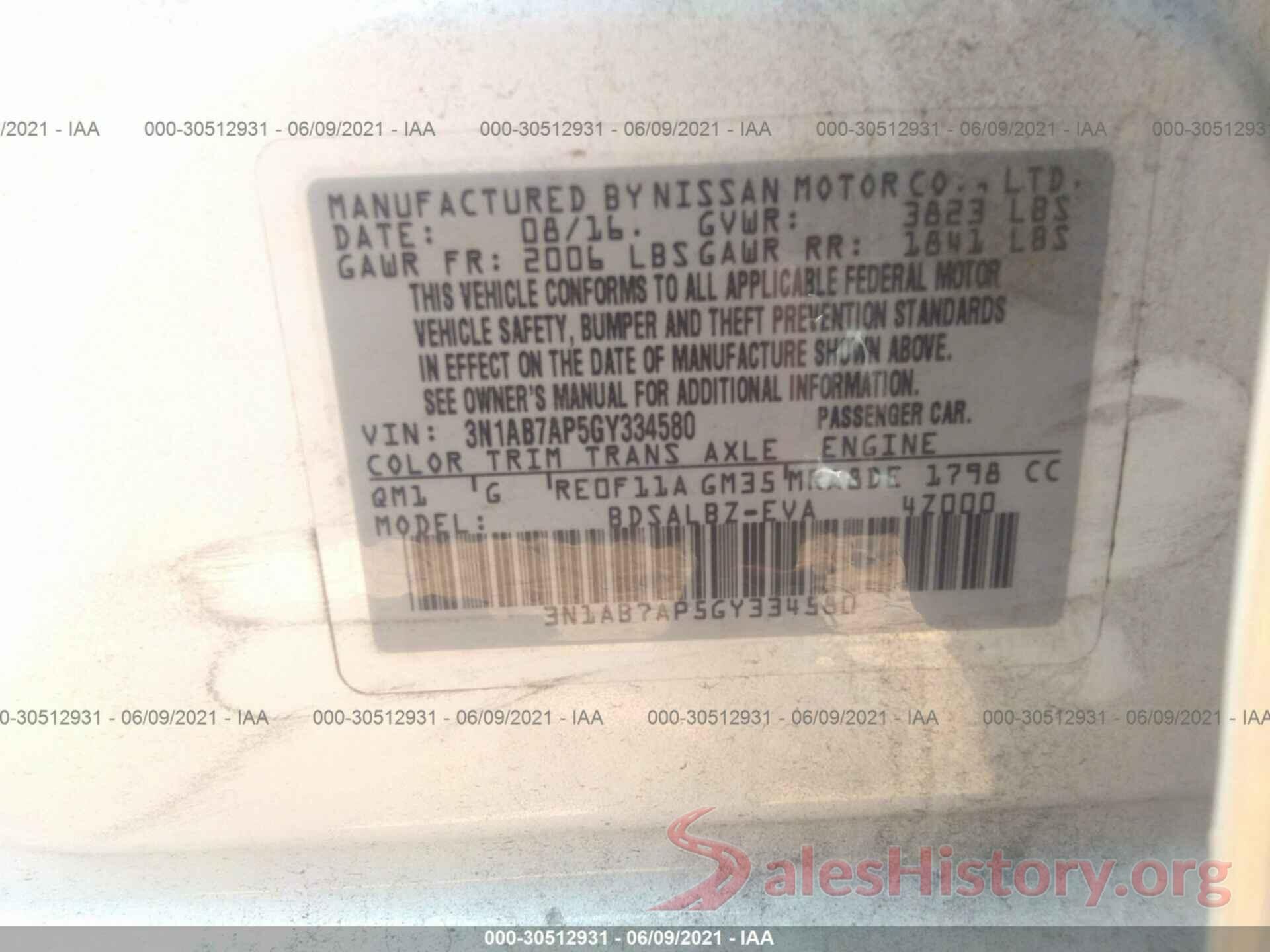 3N1AB7AP5GY334580 2016 NISSAN SENTRA